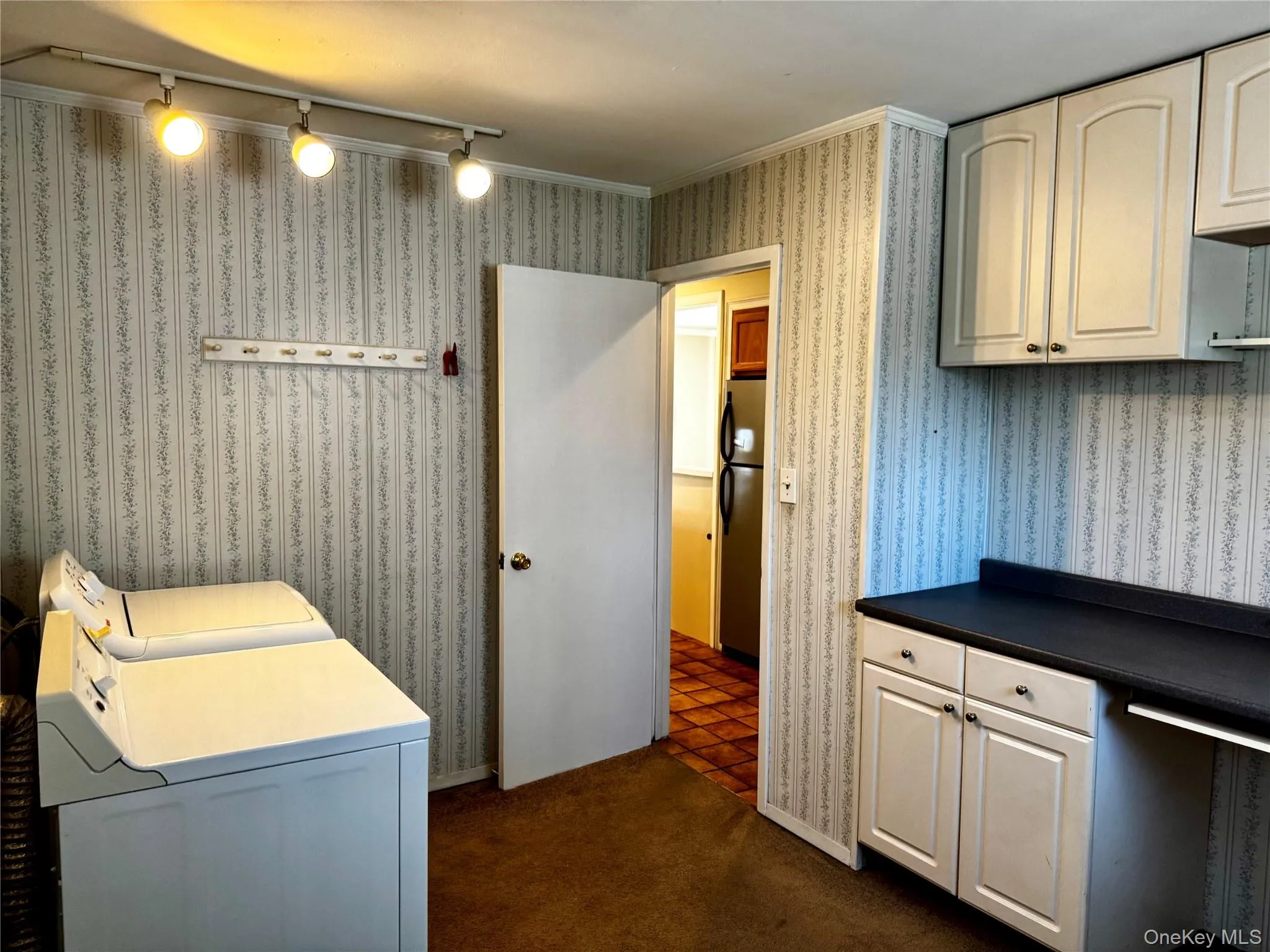 Laundry area with dark colored carpet, washer and clothes dryer, ornamental molding, track lighting, and cabinet space Laundry area with dark colored carpet, washer and clothes dryer, ornamental molding, track lighting, and cabinet space