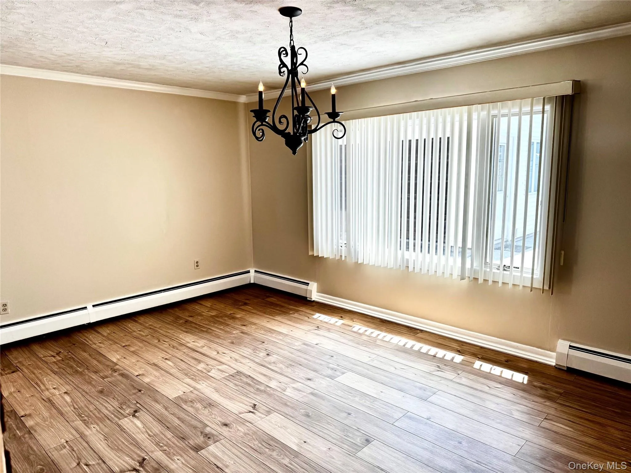 hardwood / wood-style floors, a textured ceiling, a chandelier, and ornamental molding hardwood / wood-style floors, a textured ceiling, a chandelier, and ornamental molding