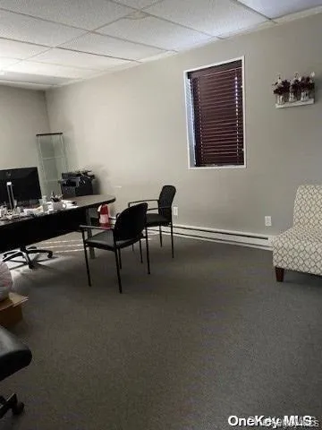 Home office featuring a paneled ceiling, a baseboard radiator, and carpet floors Home office featuring a paneled ceiling, a baseboard radiator, and carpet floors