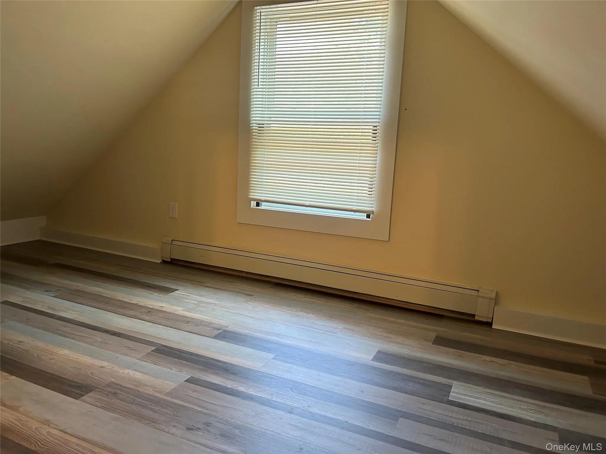 Additional living space with a baseboard heating unit, wood finished floors, and vaulted ceiling Additional living space with a baseboard heating unit, wood finished floors, and vaulted ceiling