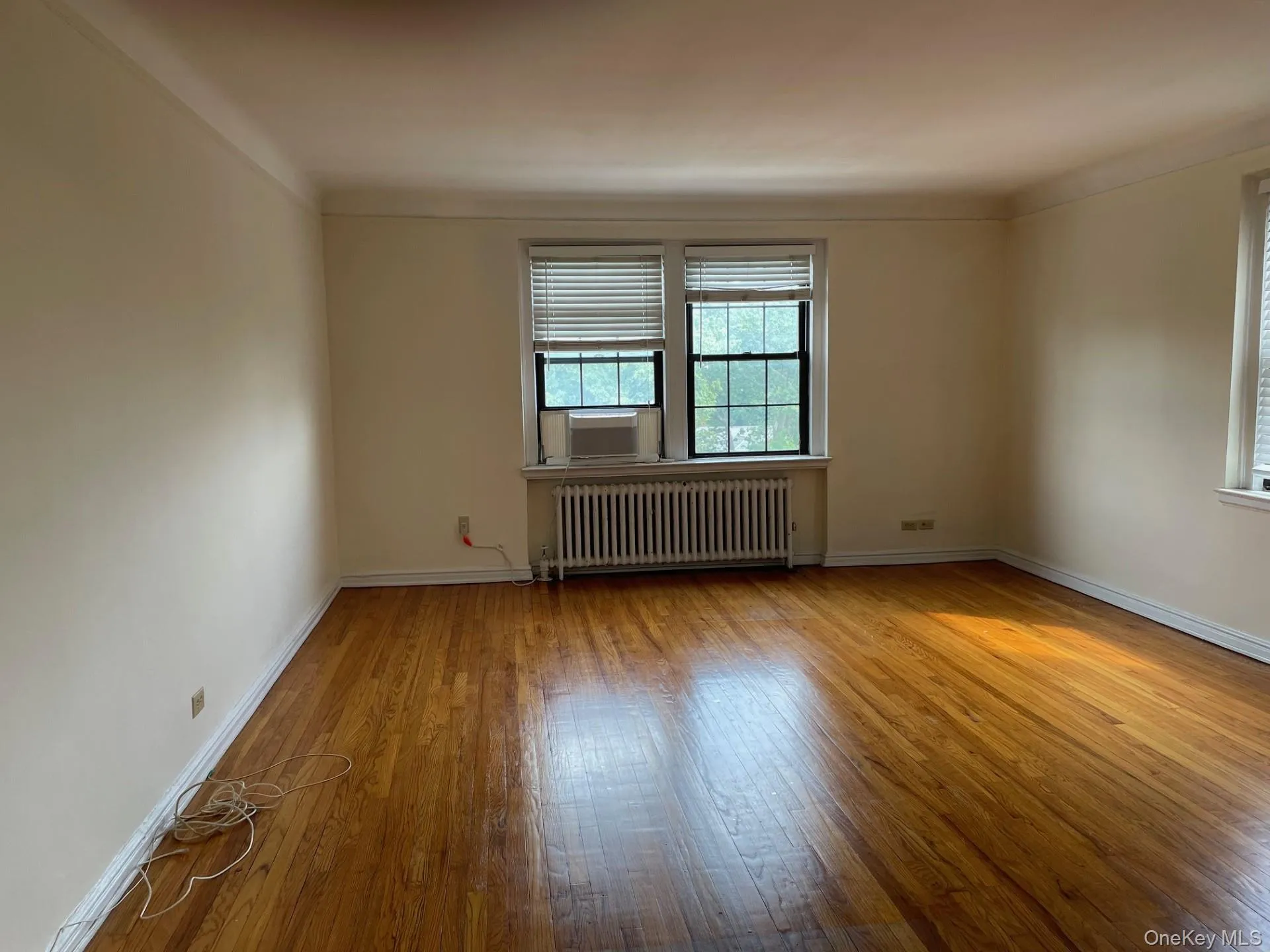 Unfurnished room featuring radiator heating unit and light wood finished floors Unfurnished room featuring radiator heating unit and light wood finished floors