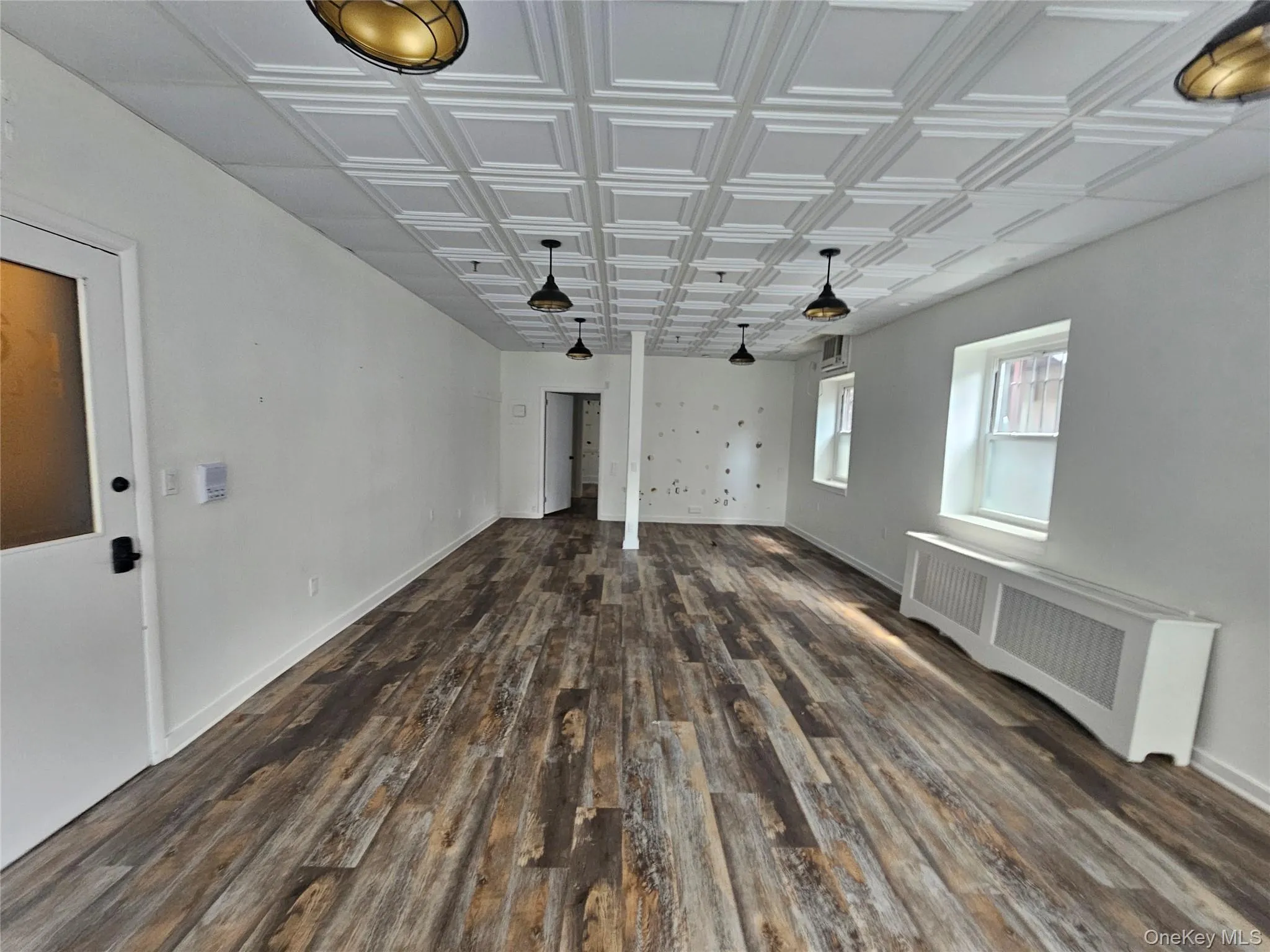 Unfurnished living room featuring radiator, dark wood-style floors, and an ornate ceiling Unfurnished living room featuring radiator, dark wood-style floors, and an ornate ceiling
