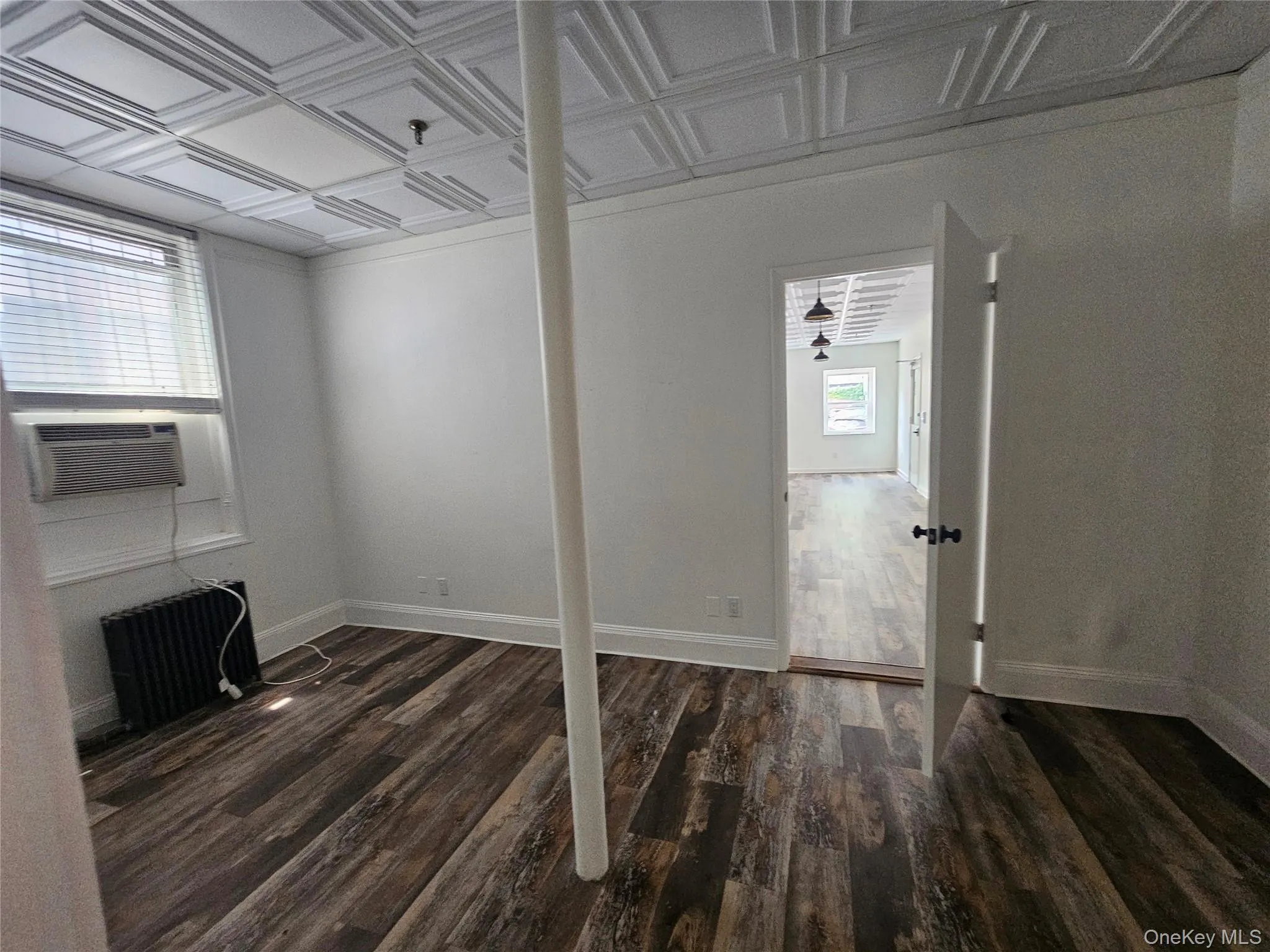 Below grade area with an ornate ceiling, dark wood finished floors, and cooling unit Below grade area with an ornate ceiling, dark wood finished floors, and cooling unit