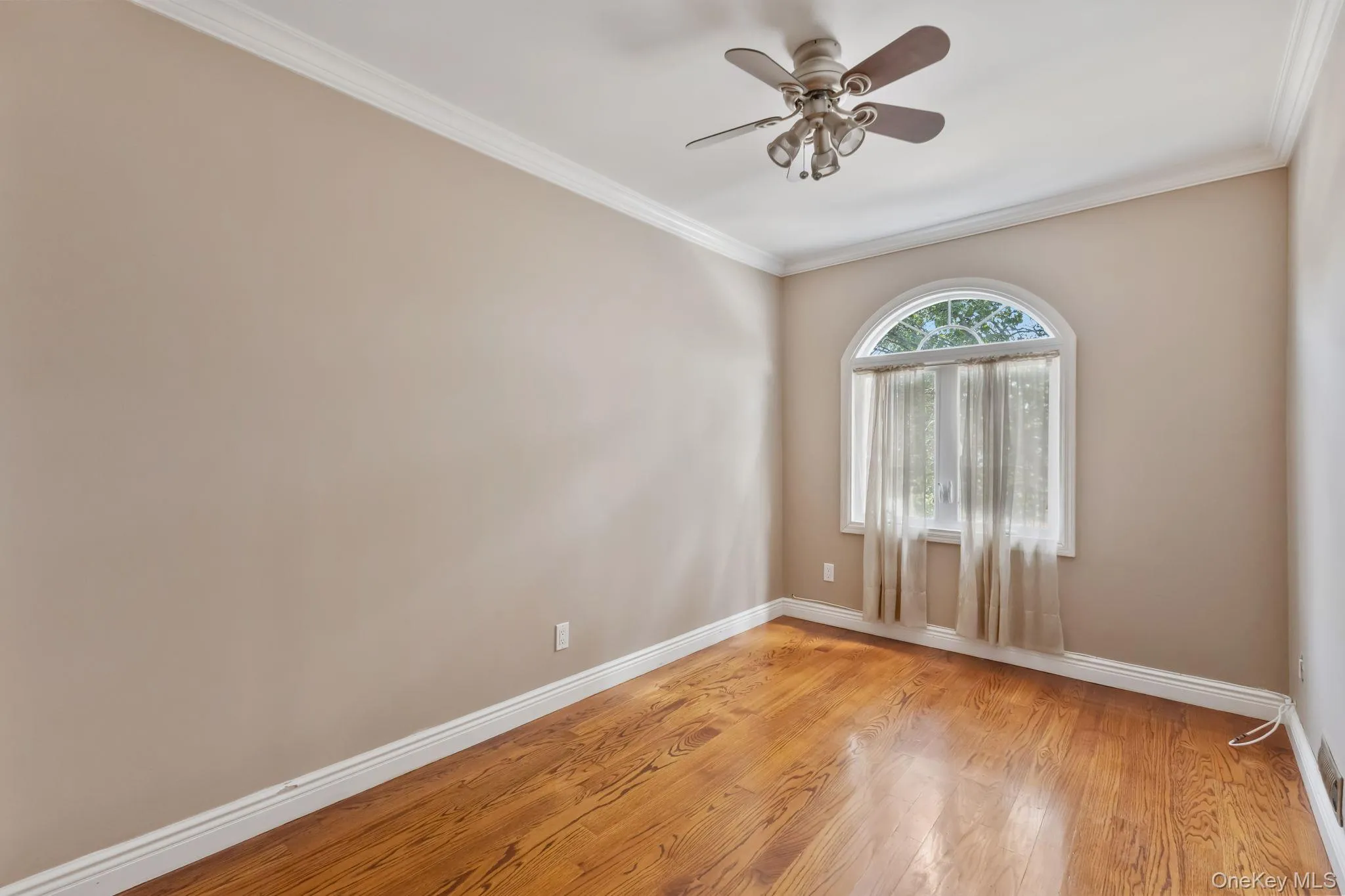 Unfurnished room featuring crown molding, light wood-type flooring, and ceiling fan Unfurnished room featuring crown molding, light wood-type flooring, and ceiling fan