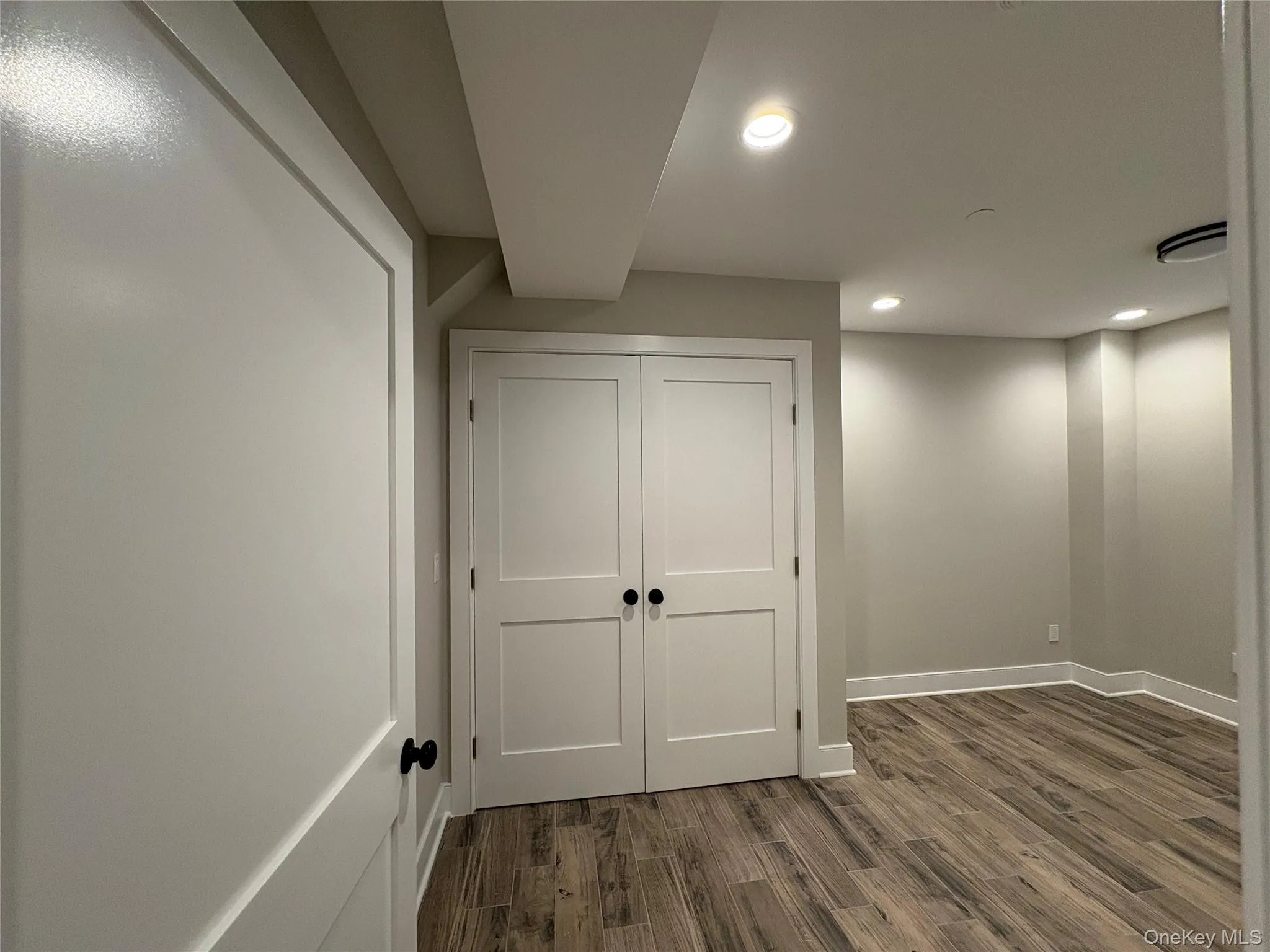 Basement with dark wood-type flooring and recessed lighting Basement with dark wood-type flooring and recessed lighting