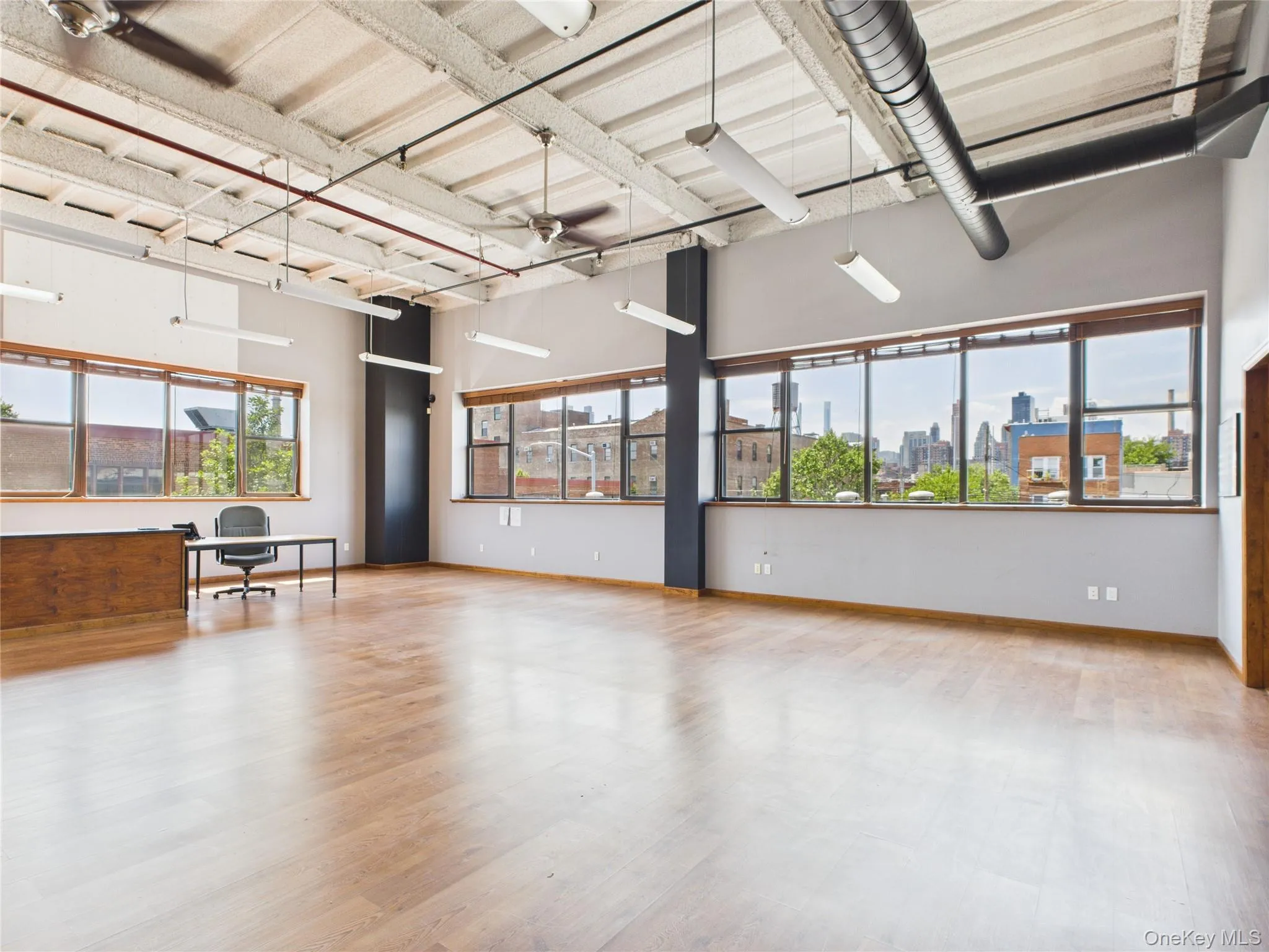 Empty room featuring light wood-style flooring and a skyline view Empty room featuring light wood-style flooring and a skyline view