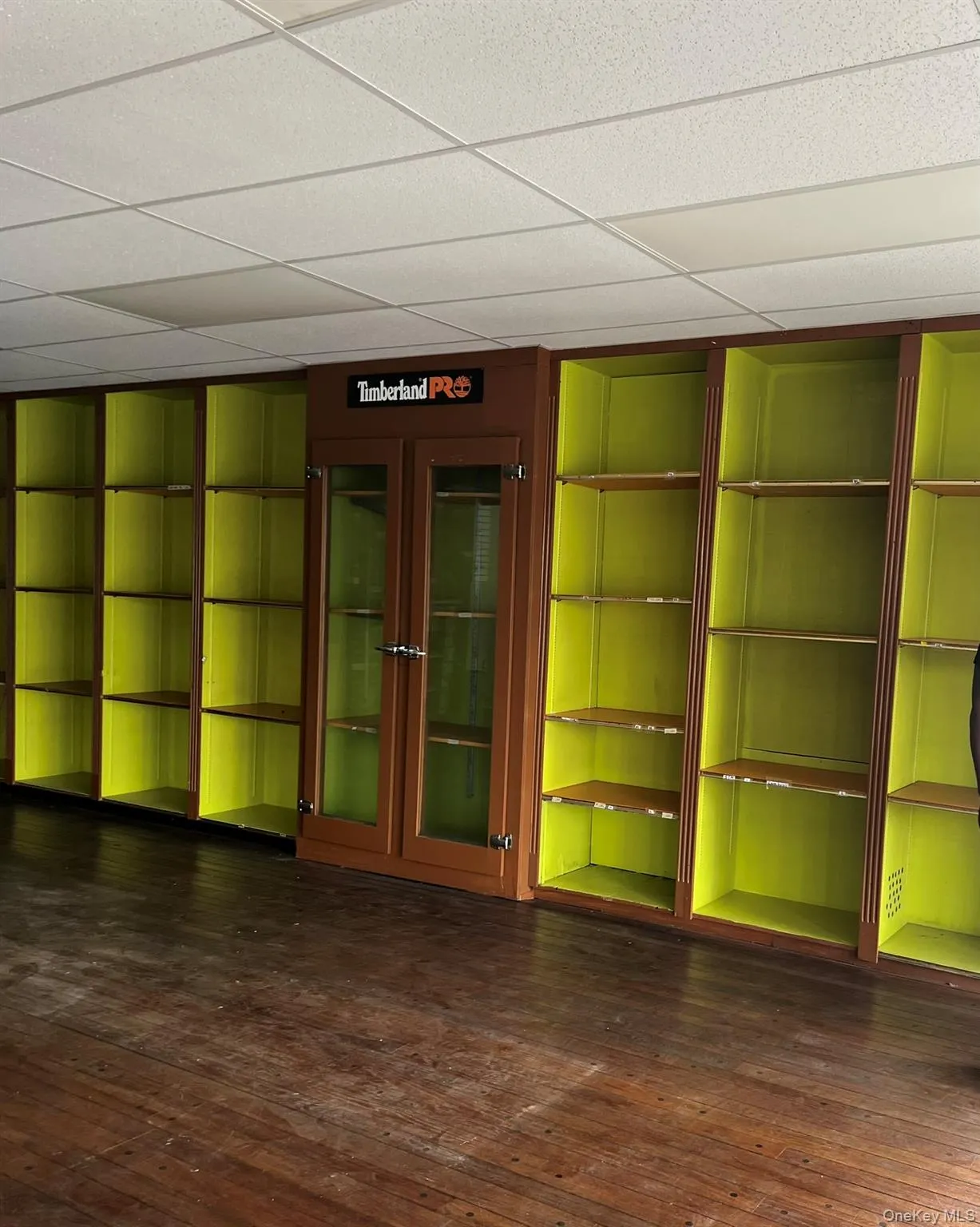Empty room featuring dark wood-style flooring and a drop ceiling Empty room featuring dark wood-style flooring and a drop ceiling