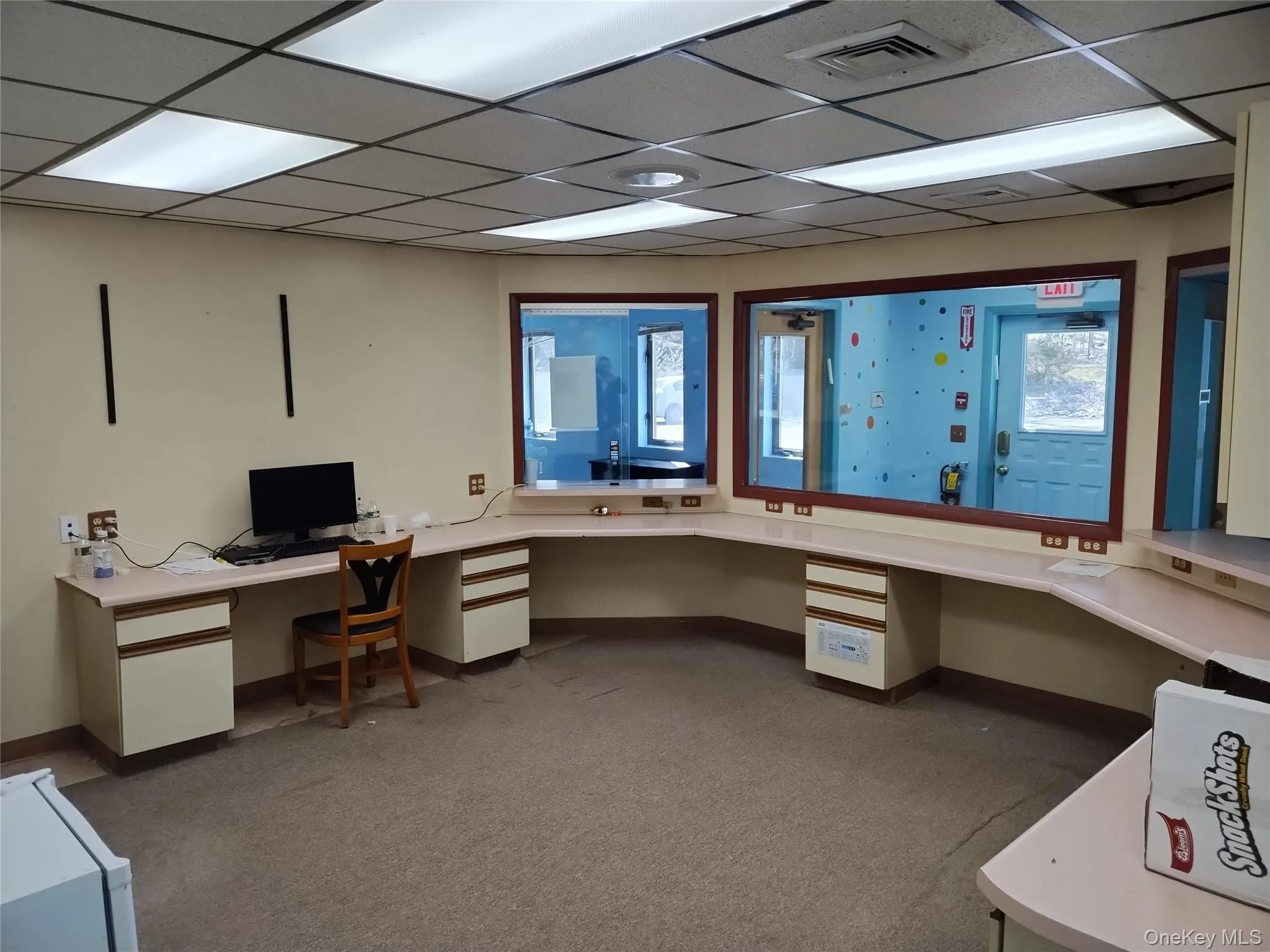 Unfurnished office featuring built in study area, light colored carpet, and a drop ceiling Unfurnished office featuring built in study area, light colored carpet, and a drop ceiling