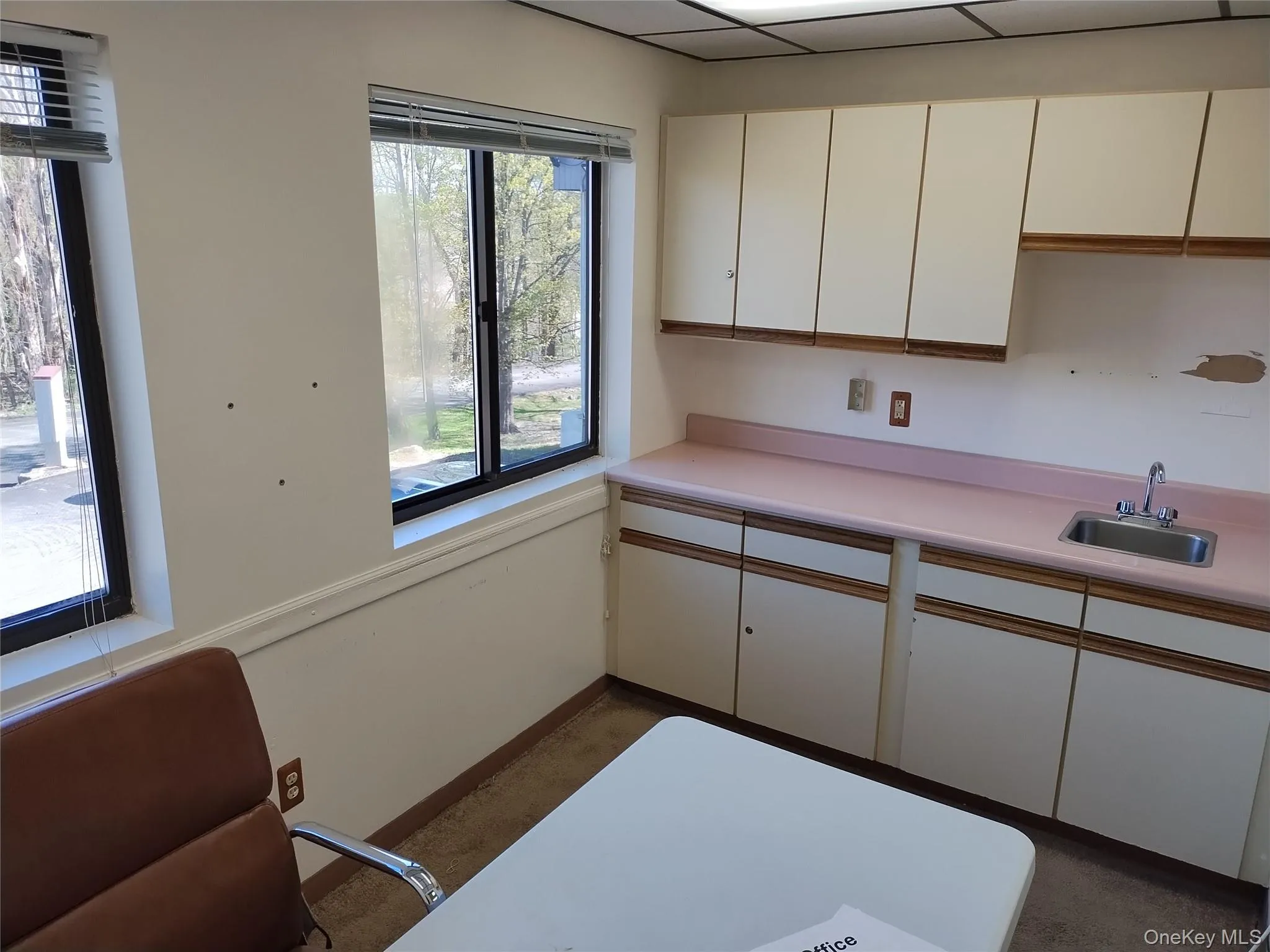Kitchen with white cabinetry, light countertops, a paneled ceiling, and dark colored carpet Kitchen with white cabinetry, light countertops, a paneled ceiling, and dark colored carpet