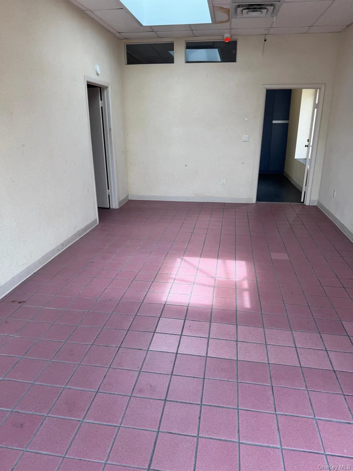 Empty room featuring a drop ceiling, dark tile patterned floors, and a skylight Empty room featuring a drop ceiling, dark tile patterned floors, and a skylight
