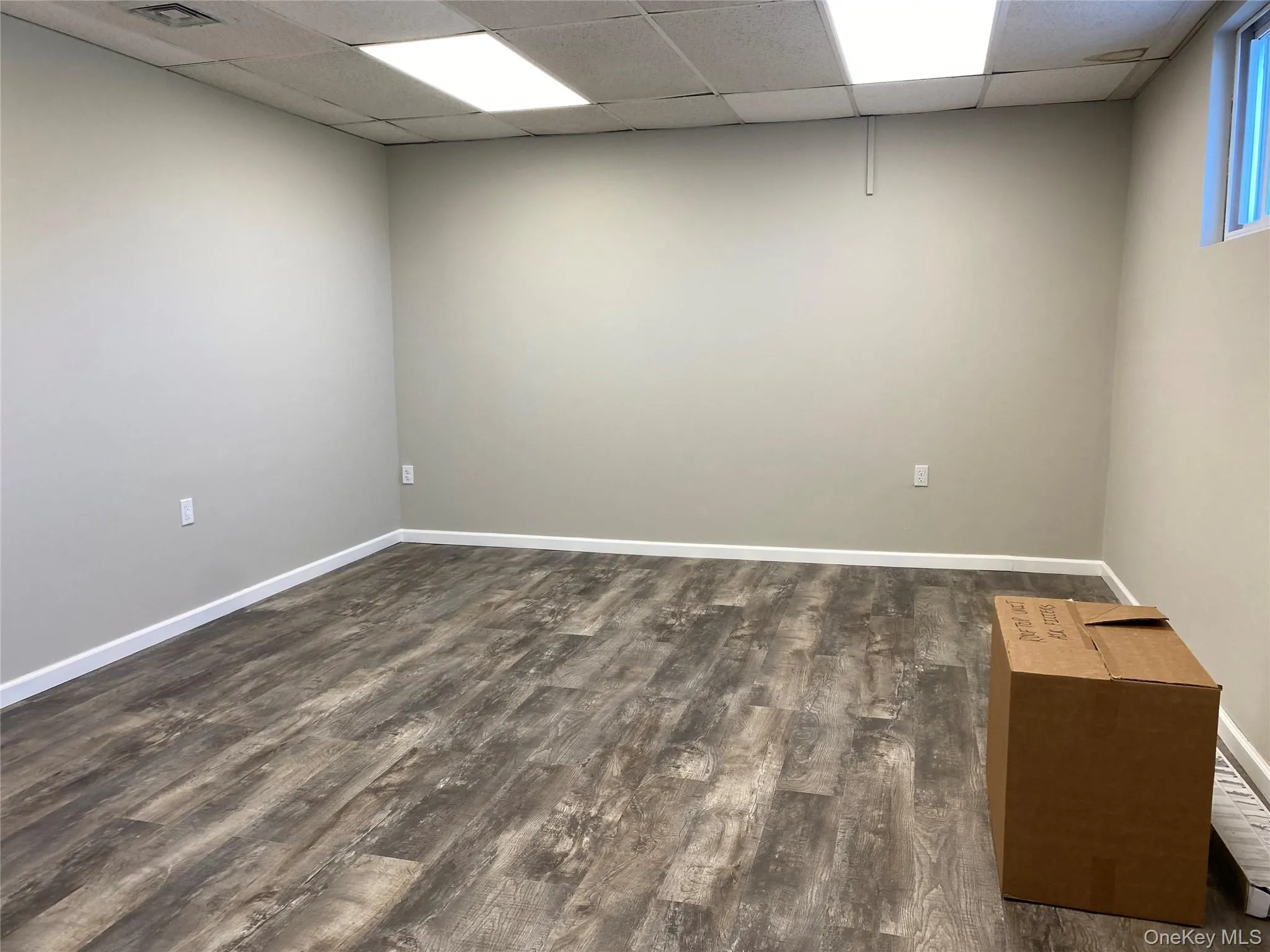 Unfurnished room featuring a drop ceiling and dark wood-style floors Unfurnished room featuring a drop ceiling and dark wood-style floors
