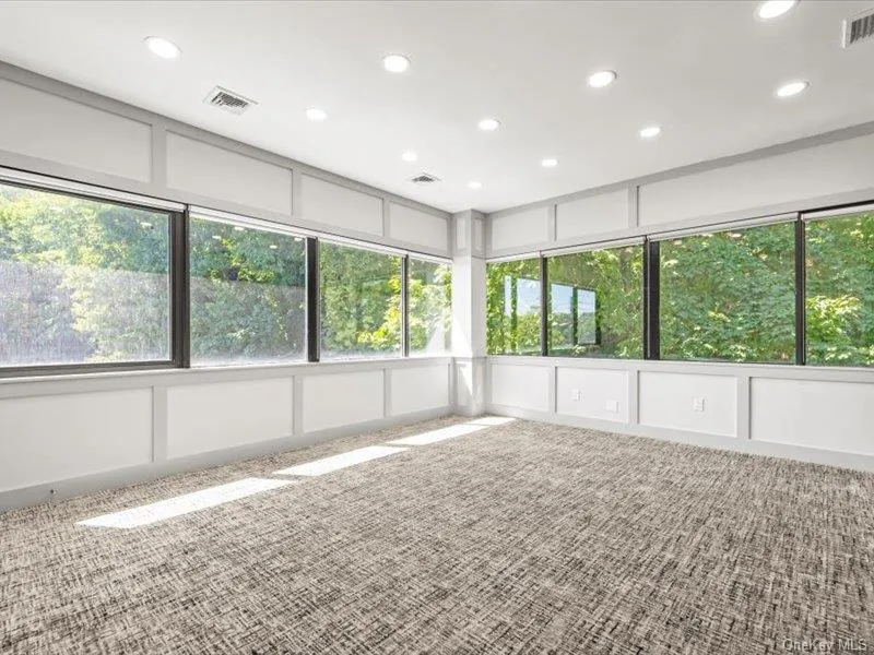 Carpeted empty room featuring a decorative wall, recessed lighting, and plenty of natural light Carpeted empty room featuring a decorative wall, recessed lighting, and plenty of natural light