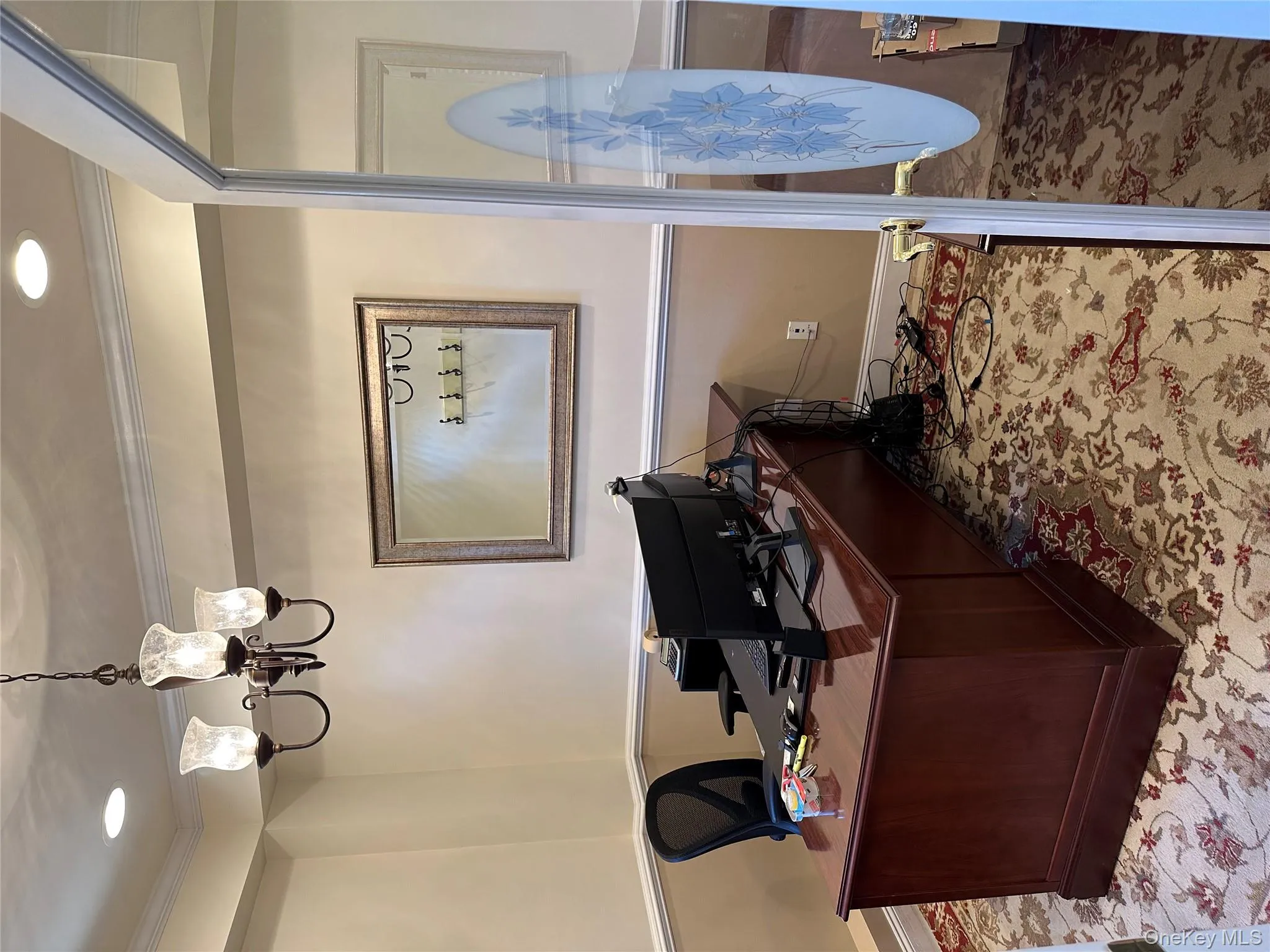 Home office with ornamental molding, a chandelier, and recessed lighting Home office with ornamental molding, a chandelier, and recessed lighting