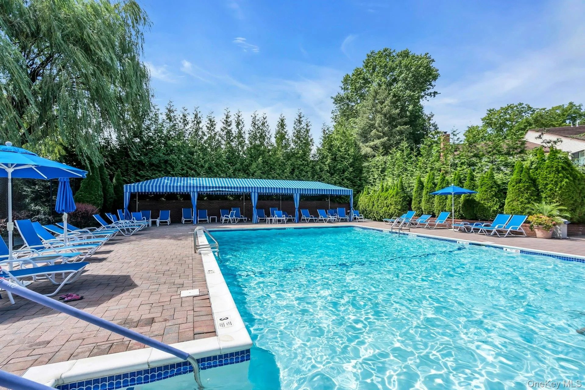Community pool with a patio area and view of wooded area Community pool with a patio area and view of wooded area