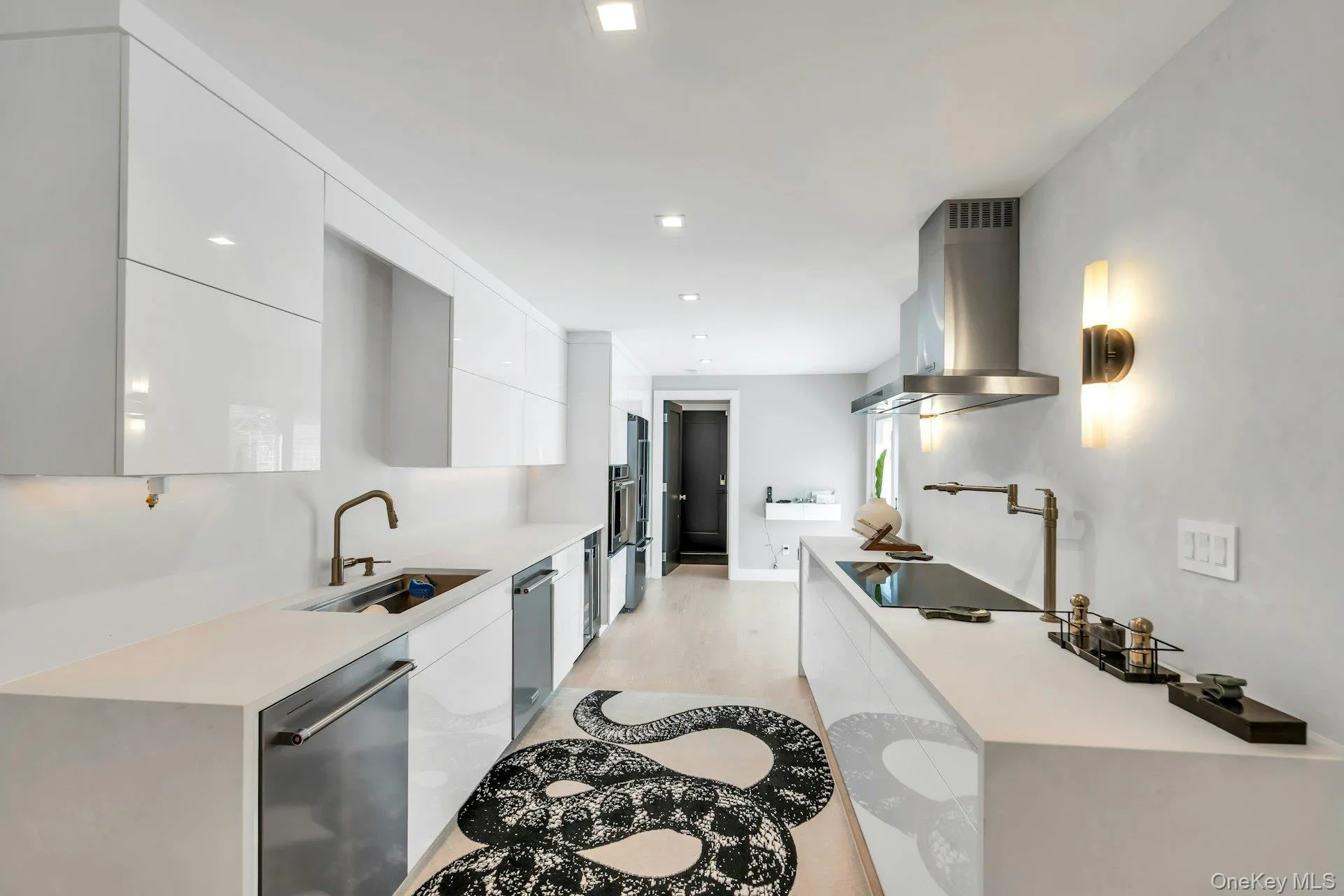 The snake is a carpet. Large EIK with modern cabinets, white cabinetry, light stone countertops, dishwasher, and light wood-style floors The snake is a carpet. Large EIK with modern cabinets, white cabinetry, light stone countertops, dishwasher, and light wood-style floors
