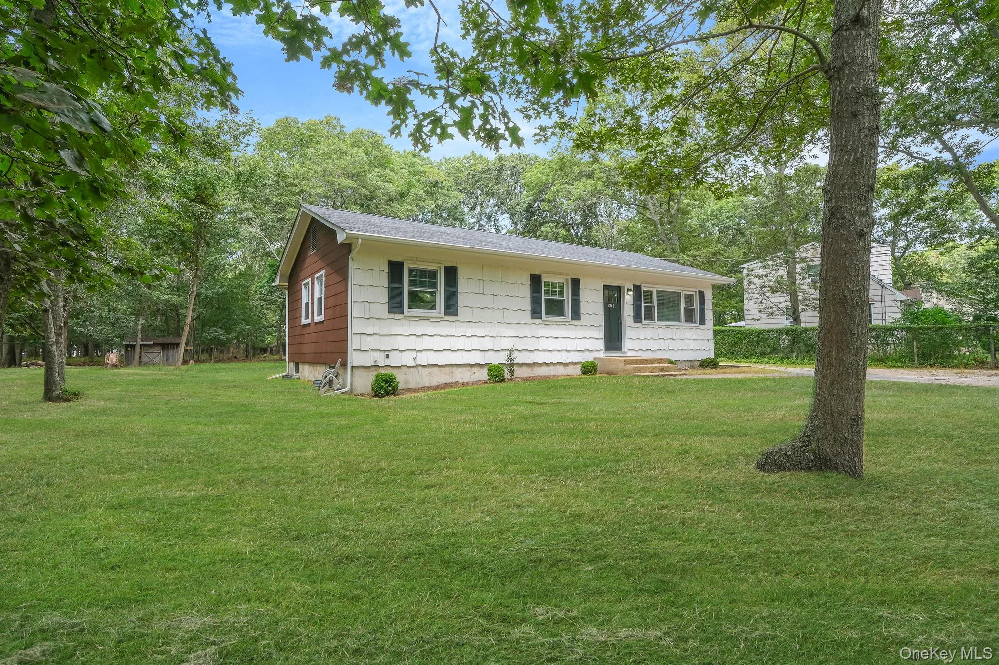 Single story home with a front yard, a shingled roof, and view of scattered trees