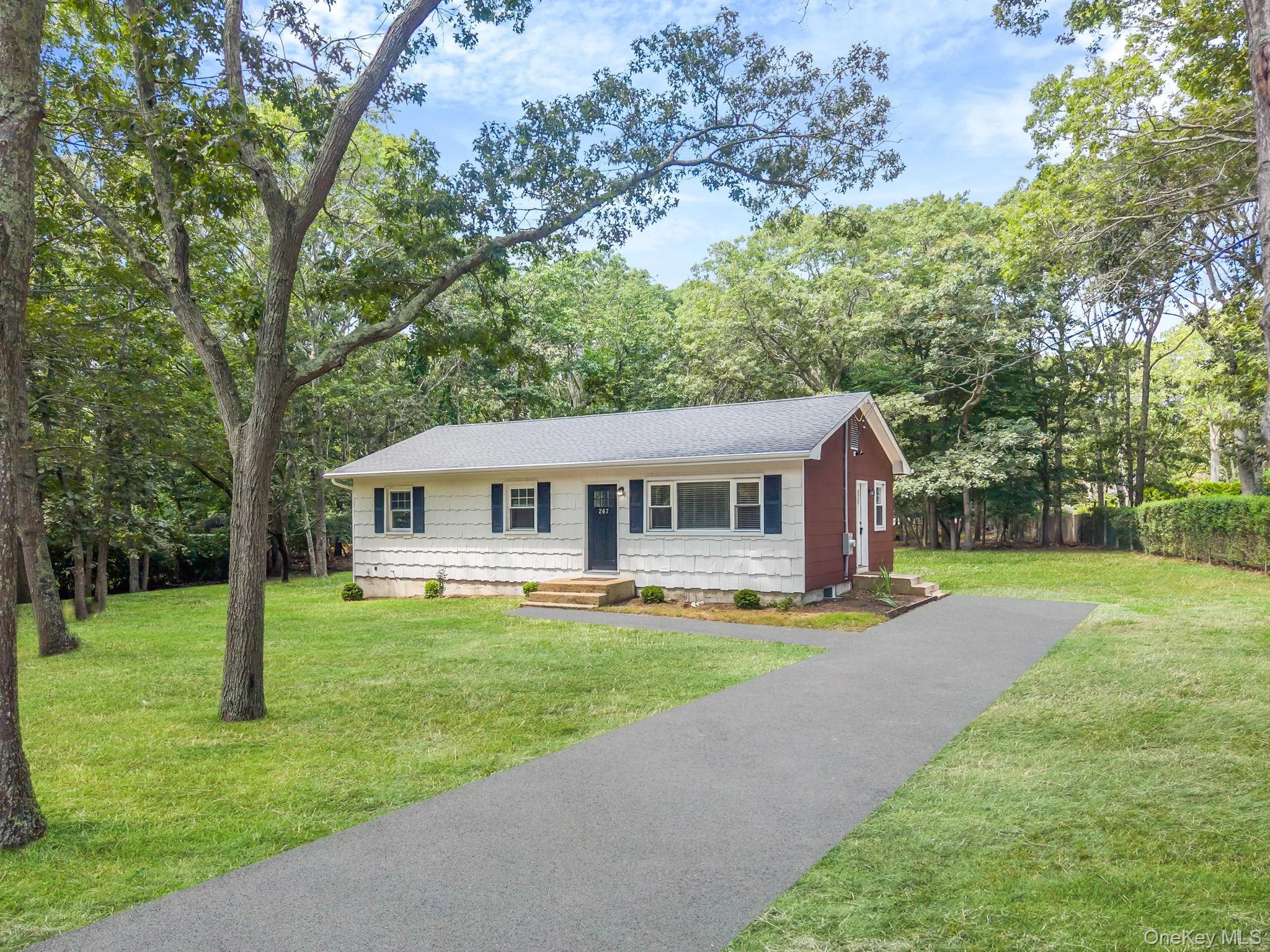 View of front of property featuring a front yard, view of scattered trees, and roof with shingles