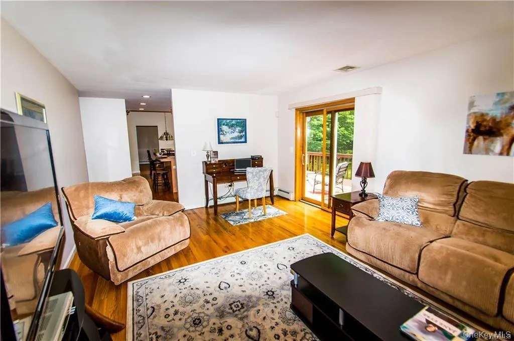 Living room featuring wood finished floors and an office area Living room featuring wood finished floors and an office area