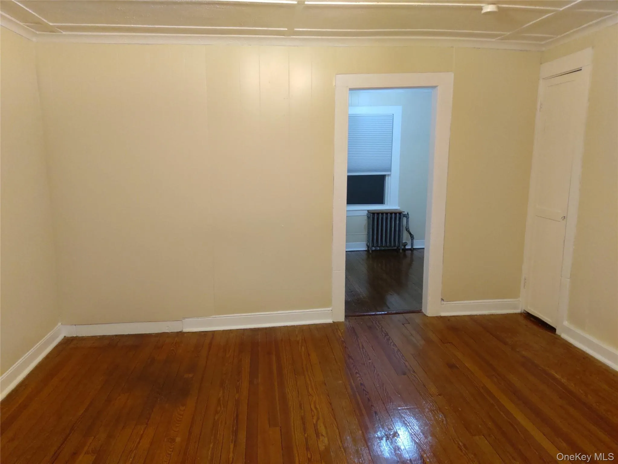 Empty room featuring dark wood-type flooring and radiator Empty room featuring dark wood-type flooring and radiator
