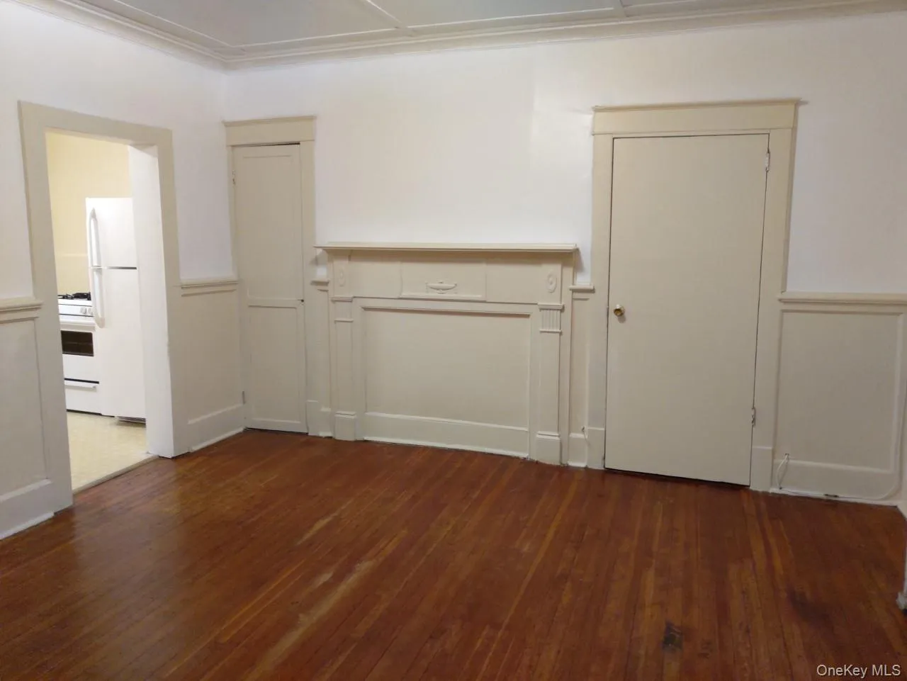 Spare room featuring a wainscoted wall, dark wood finished floors, a decorative wall, and ornamental molding Spare room featuring a wainscoted wall, dark wood finished floors, a decorative wall, and ornamental molding