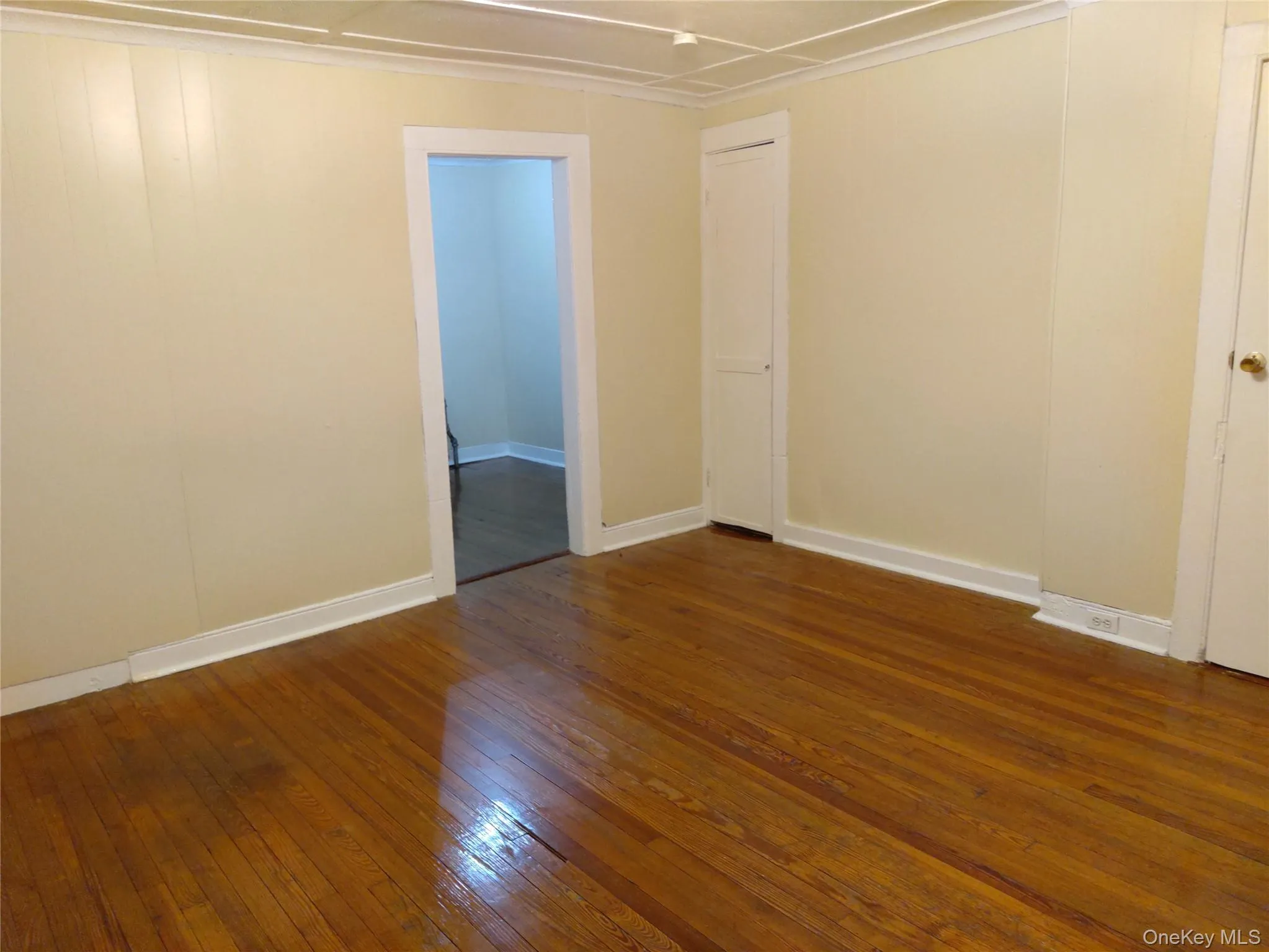 Spare room featuring dark wood-style flooring and baseboards Spare room featuring dark wood-style flooring and baseboards