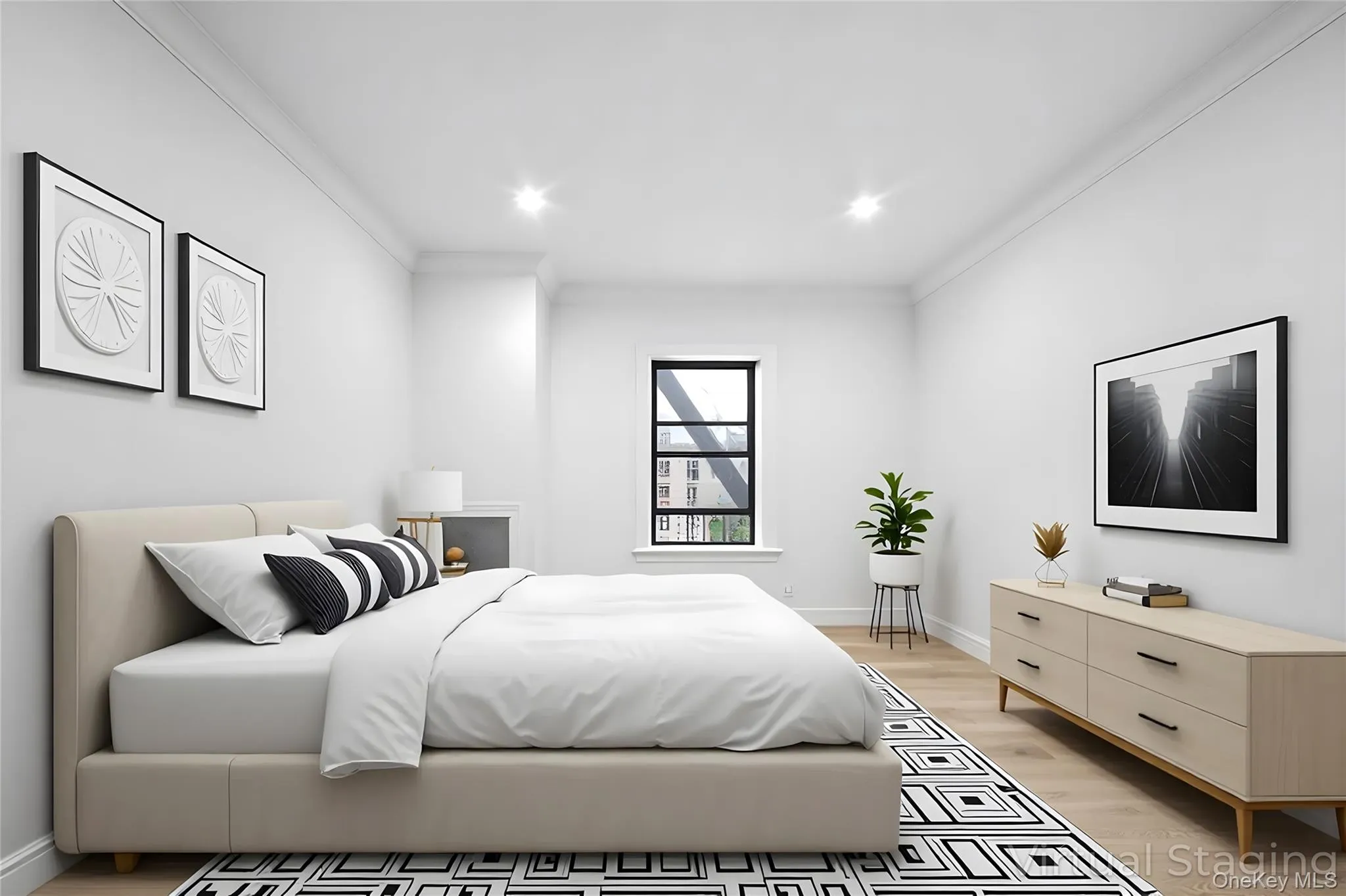 Bedroom featuring light wood-style floors, ornamental molding, and recessed lighting Bedroom featuring light wood-style floors, ornamental molding, and recessed lighting