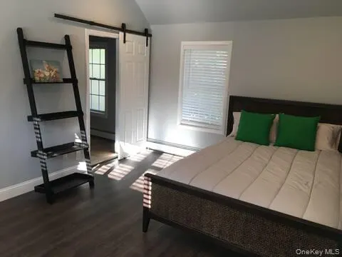 Bedroom with lofted ceiling, multiple windows, a barn door, and dark wood-style flooring Bedroom with lofted ceiling, multiple windows, a barn door, and dark wood-style flooring