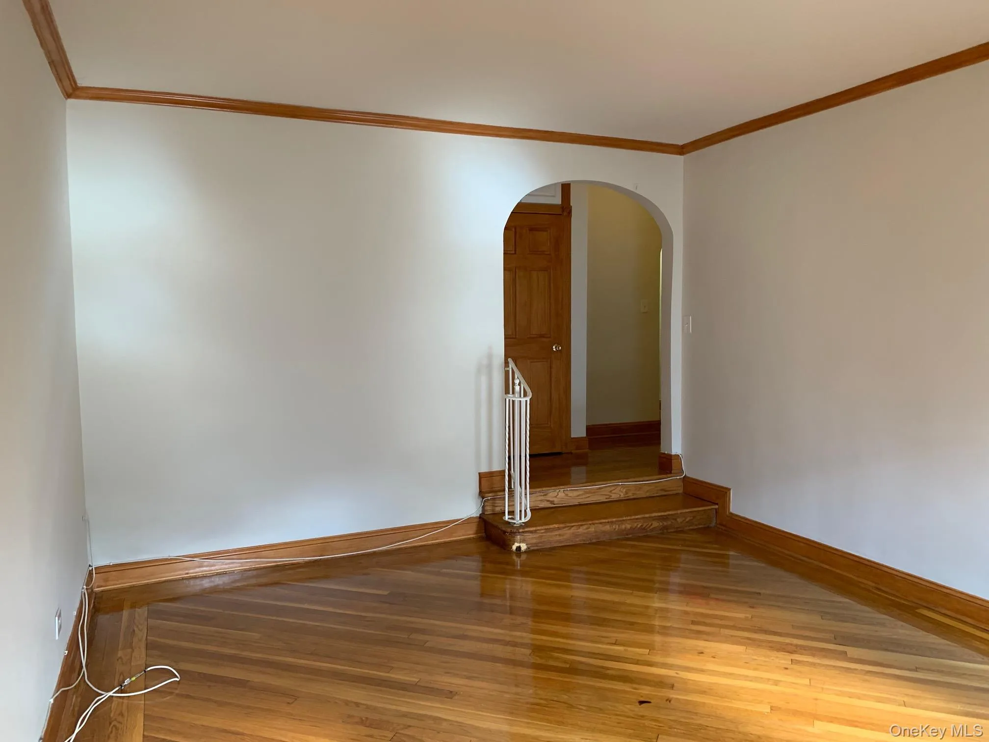 Unfurnished room with ornamental molding, light wood-style flooring, and arched walkways Unfurnished room with ornamental molding, light wood-style flooring, and arched walkways