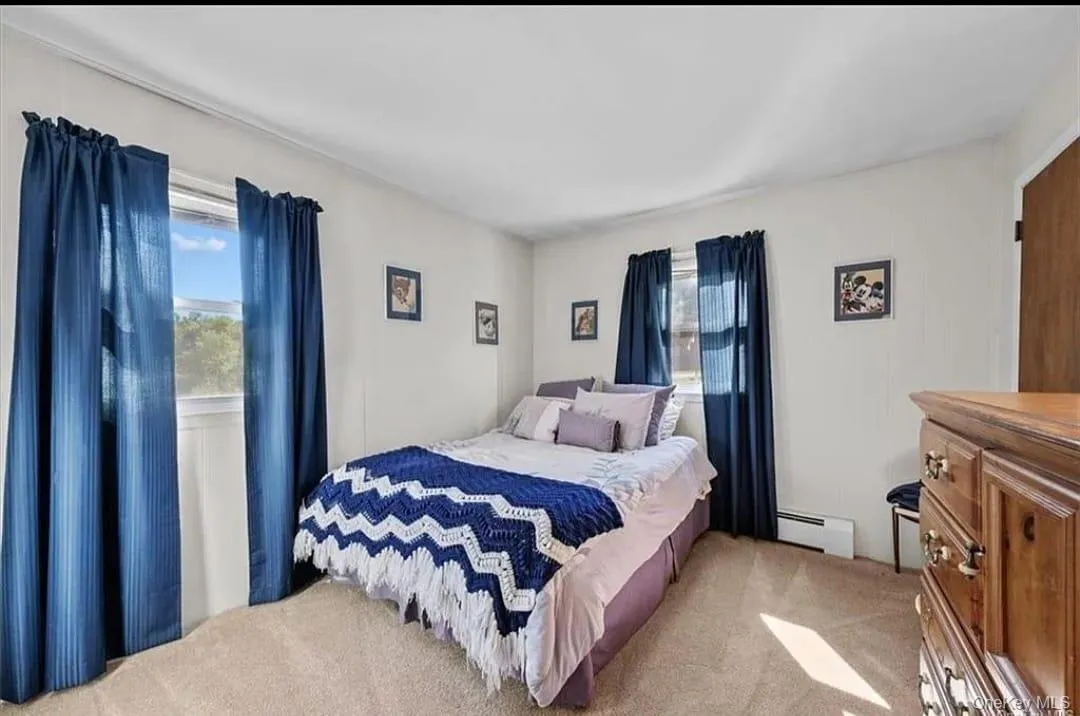 Bedroom featuring light colored carpet and a baseboard heating unit Bedroom featuring light colored carpet and a baseboard heating unit