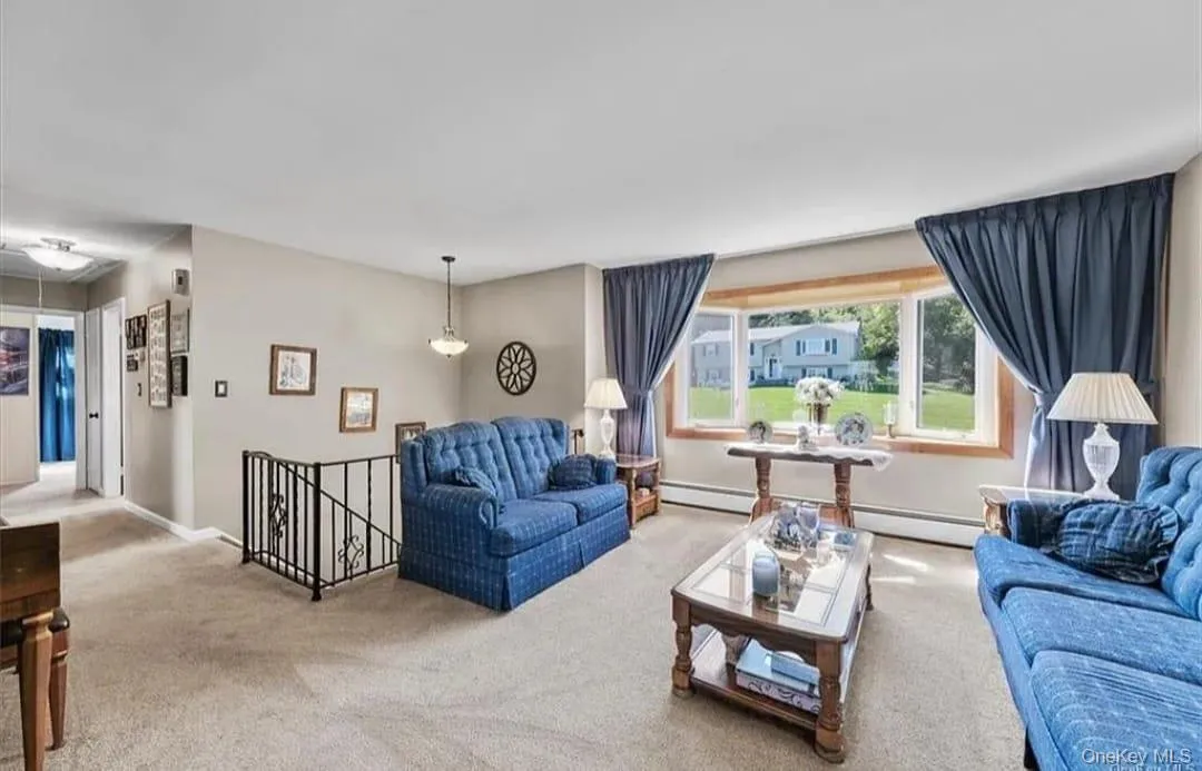 Living room with carpet and baseboard heating Living room with carpet and baseboard heating