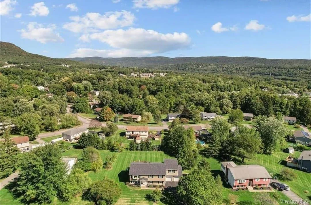 Bird's eye view of a heavily wooded area and mountains Bird's eye view of a heavily wooded area and mountains