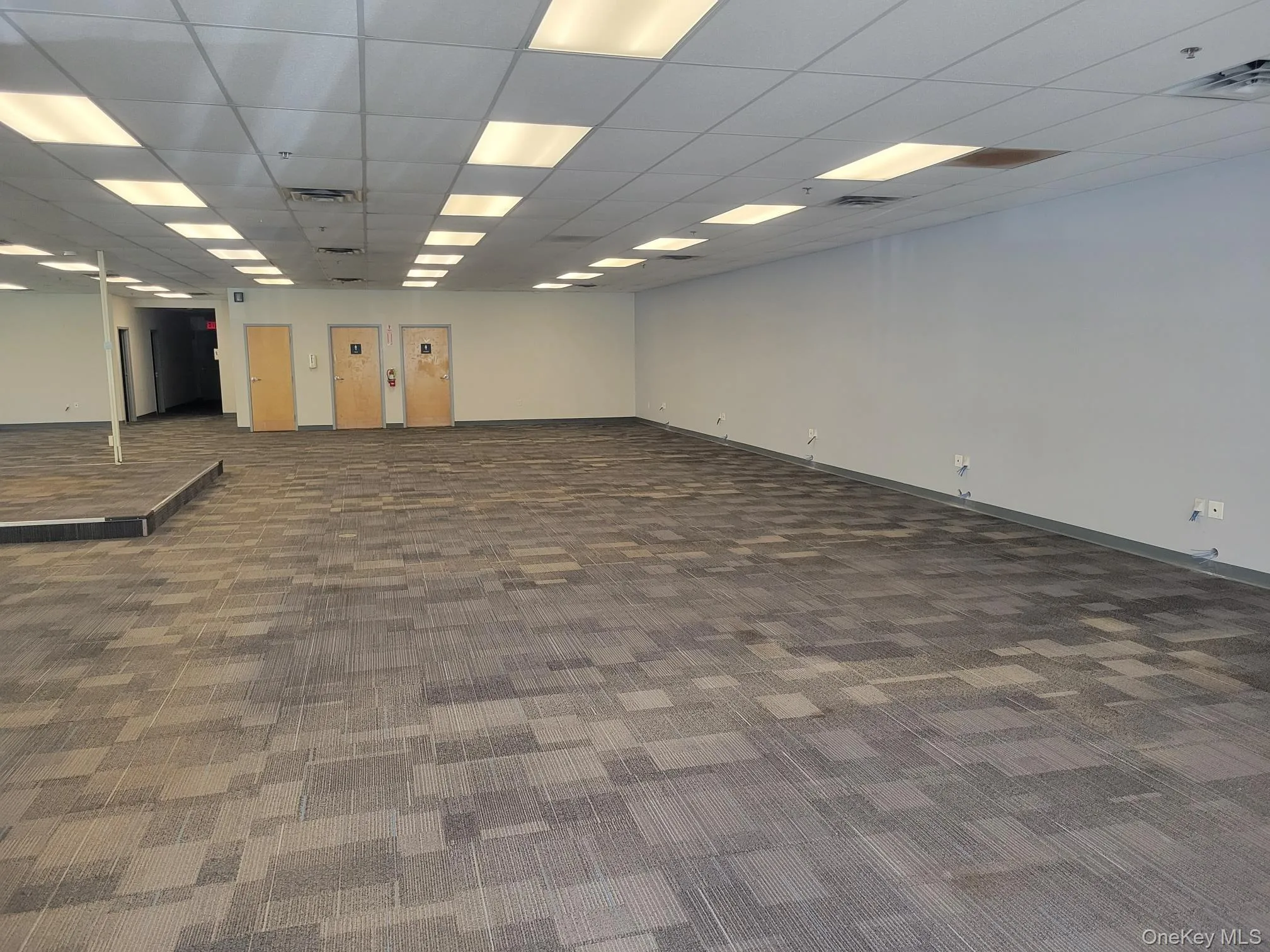 Spare room with dark colored carpet and a paneled ceiling Spare room with dark colored carpet and a paneled ceiling