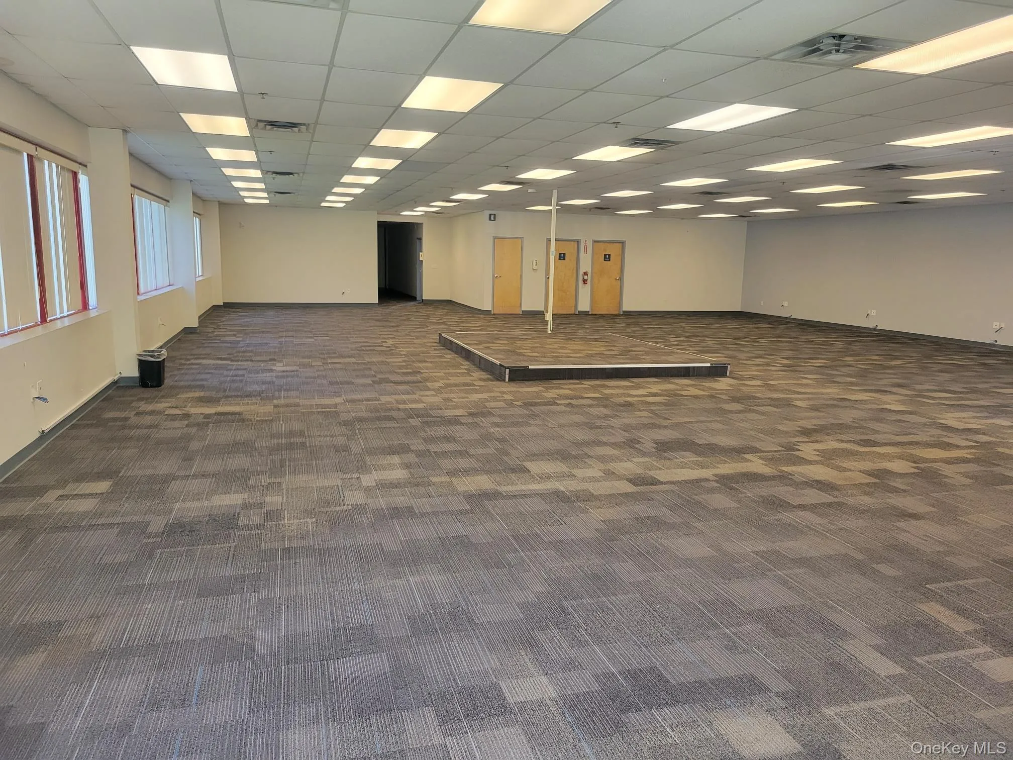 Empty room featuring a drop ceiling and dark colored carpet Empty room featuring a drop ceiling and dark colored carpet