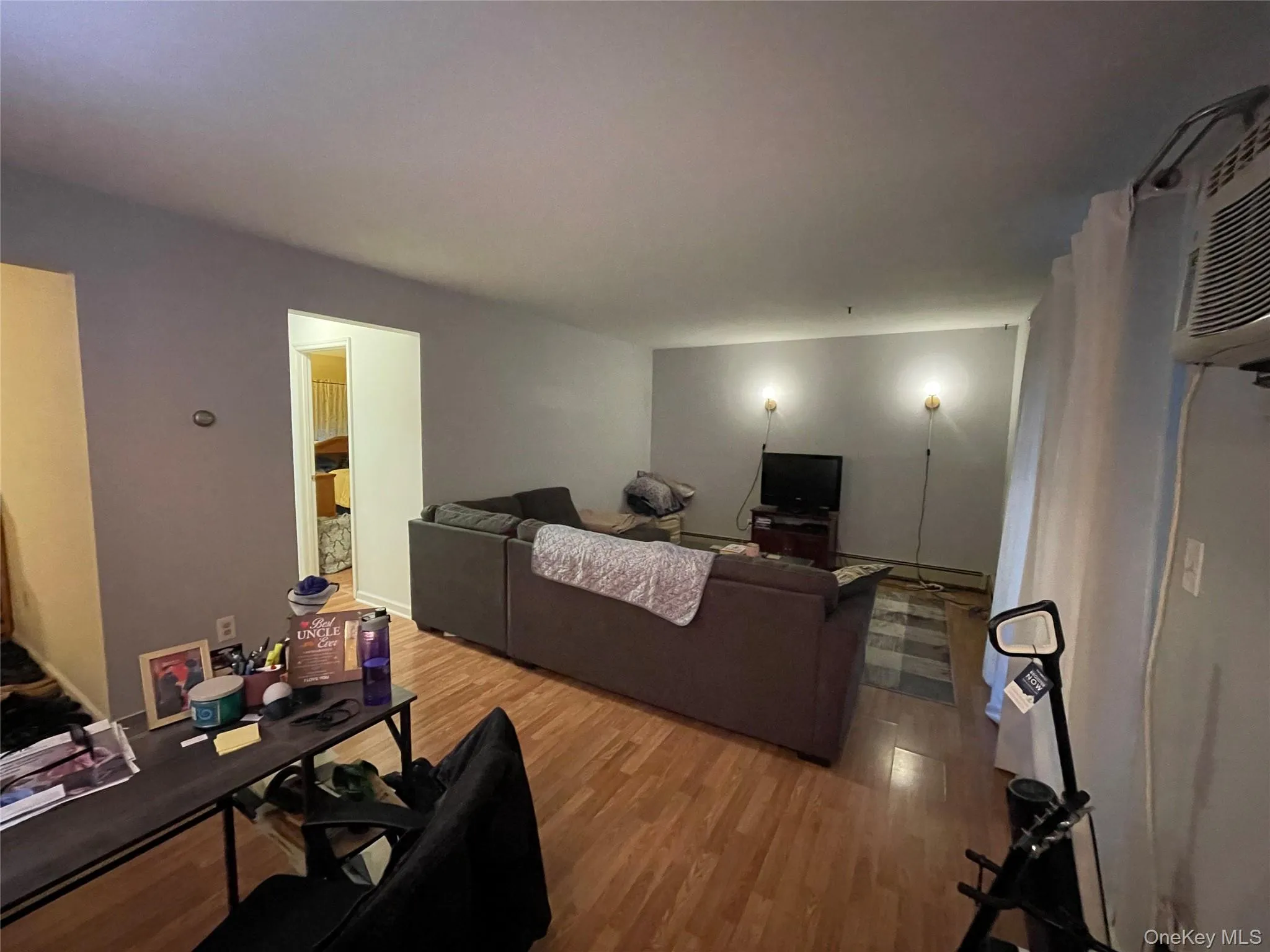 Living room with wood finished floors, a baseboard heating unit, and a wall mounted air conditioner Living room with wood finished floors, a baseboard heating unit, and a wall mounted air conditioner