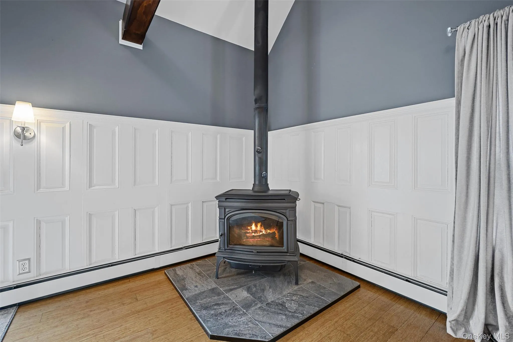 Detailed view of a wood stove, a baseboard heating unit, wood finished floors, and wainscoting Detailed view of a wood stove, a baseboard heating unit, wood finished floors, and wainscoting