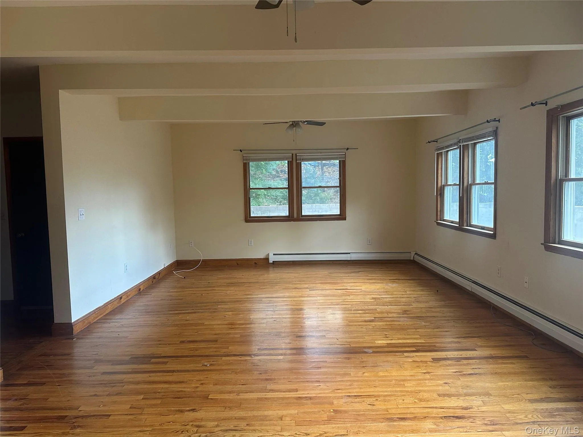 Unfurnished room featuring light wood-style flooring, plenty of natural light, beamed ceiling, and a baseboard heating unit Unfurnished room featuring light wood-style flooring, plenty of natural light, beamed ceiling, and a baseboard heating unit