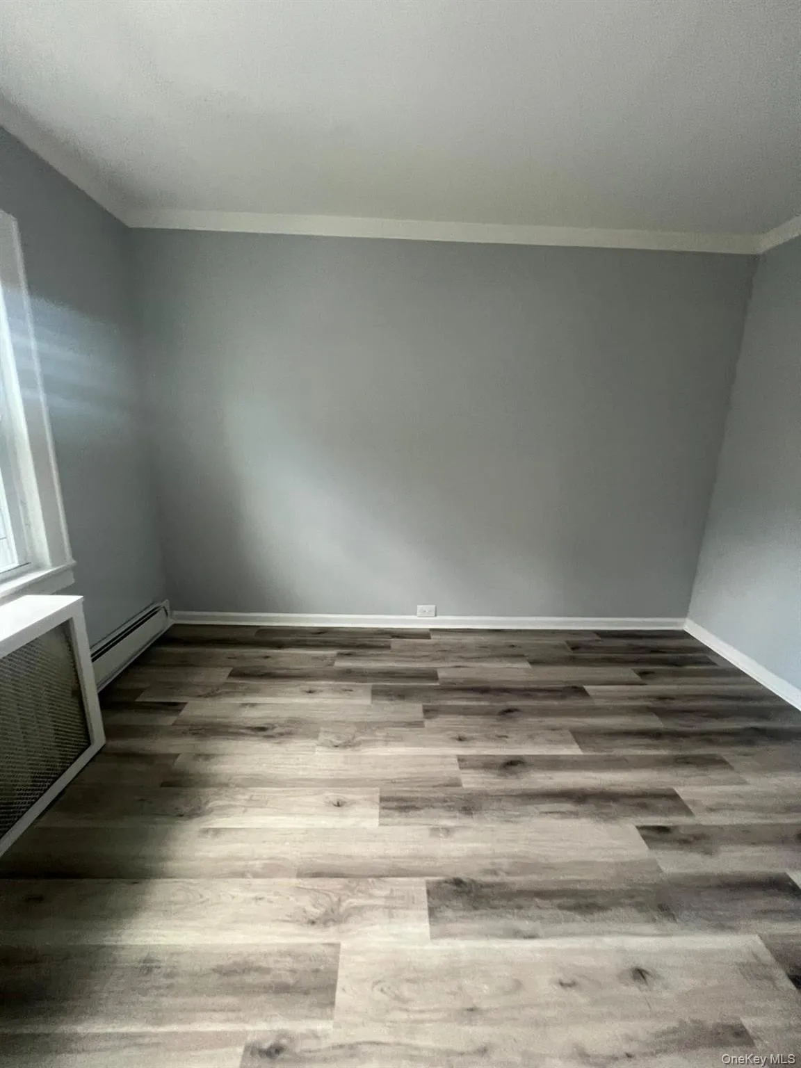Unfurnished room with light wood-style flooring, ornamental molding, and a baseboard heating unit Unfurnished room with light wood-style flooring, ornamental molding, and a baseboard heating unit