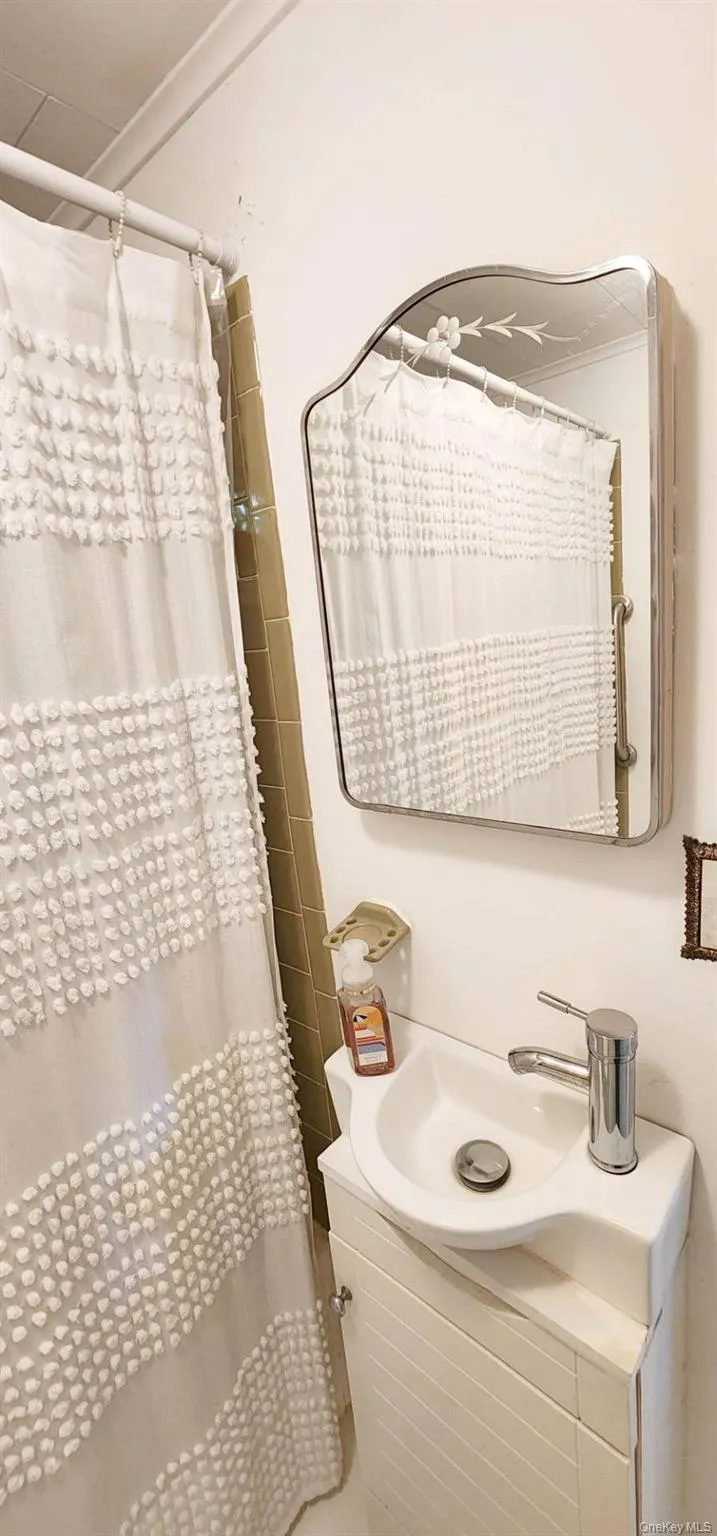 Bathroom with vanity, a shower with curtain, and crown molding Bathroom with vanity, a shower with curtain, and crown molding