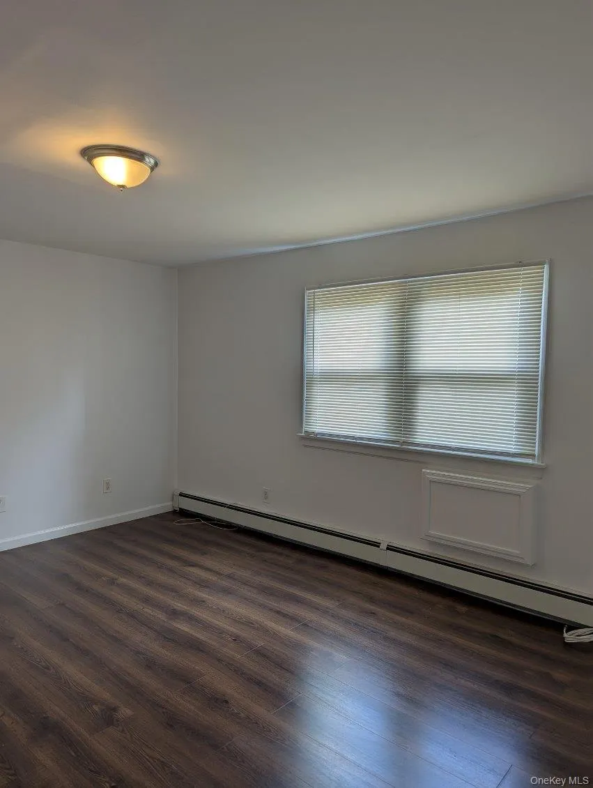Unfurnished room featuring a baseboard radiator and dark wood-style floors Unfurnished room featuring a baseboard radiator and dark wood-style floors