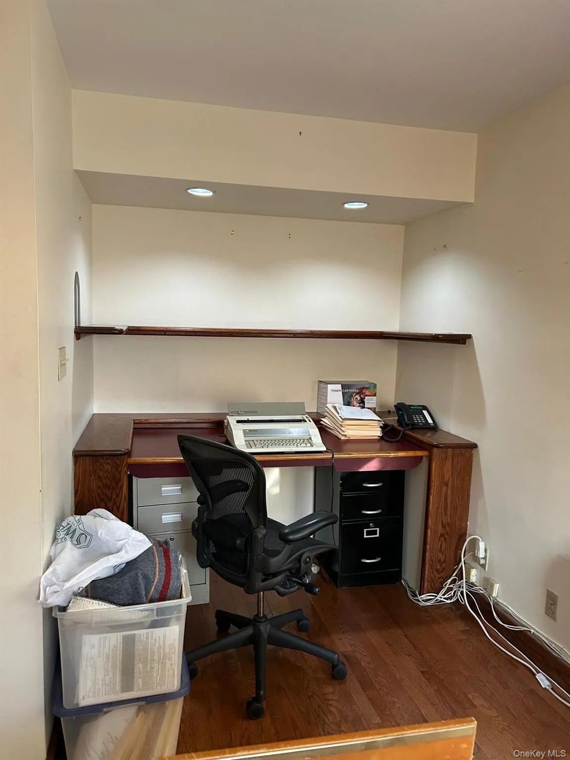 Office featuring dark wood finished floors and recessed lighting Office featuring dark wood finished floors and recessed lighting