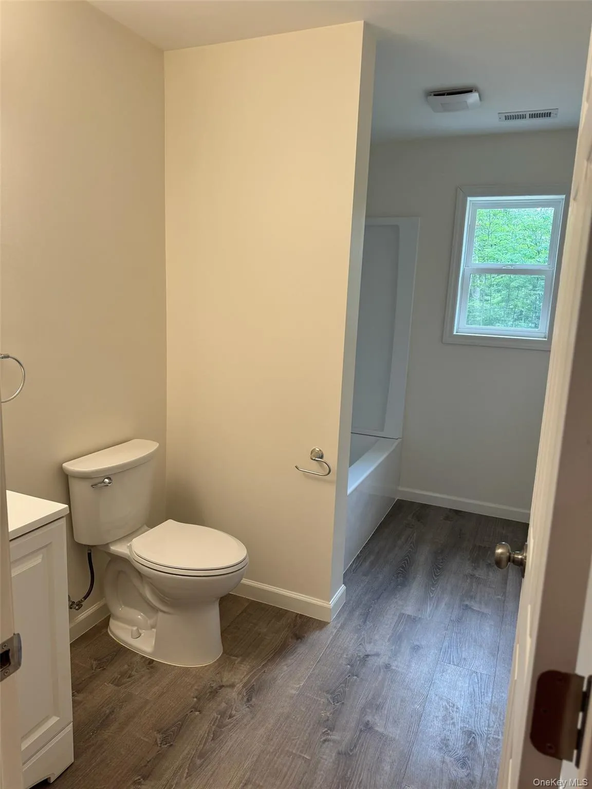 Bathroom featuring vanity, dark wood finished floors, and a bathtub Bathroom featuring vanity, dark wood finished floors, and a bathtub