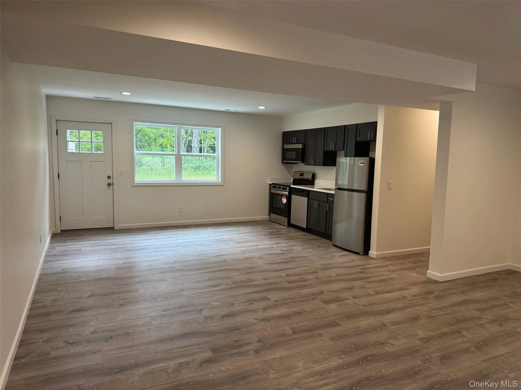 Kitchen featuring open concept plus appliances with stainless steel finishes, light countertops, dark cabinets, light wood-style flooring. Door to yard. Kitchen featuring open concept plus appliances with stainless steel finishes, light countertops, dark cabinets, light wood-style flooring. Door to yard.