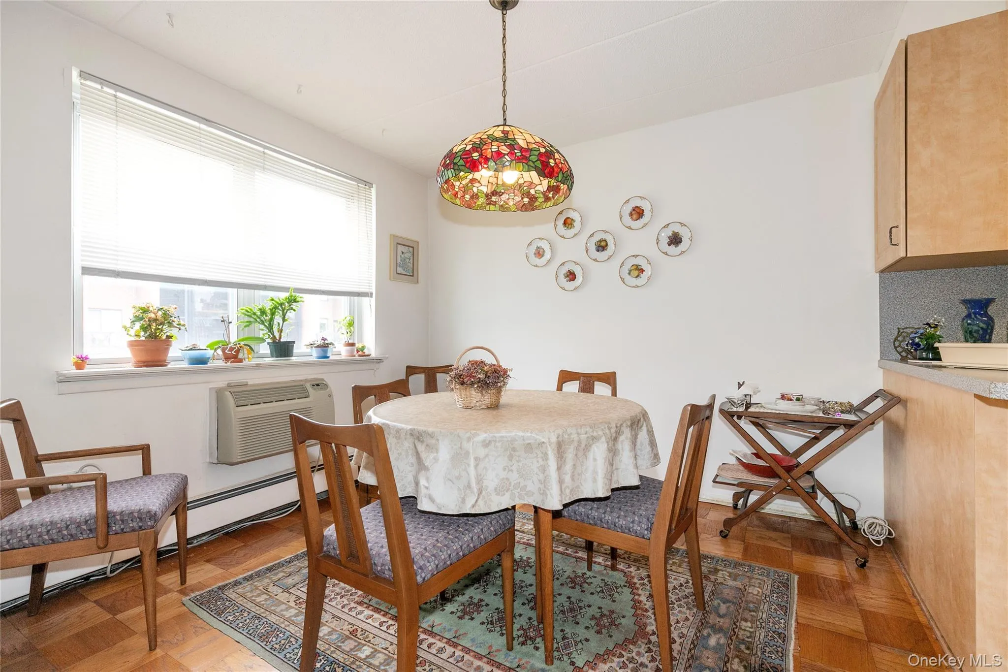 Dining area featuring a wall mounted air conditioner and a baseboard heating unit Dining area featuring a wall mounted air conditioner and a baseboard heating unit