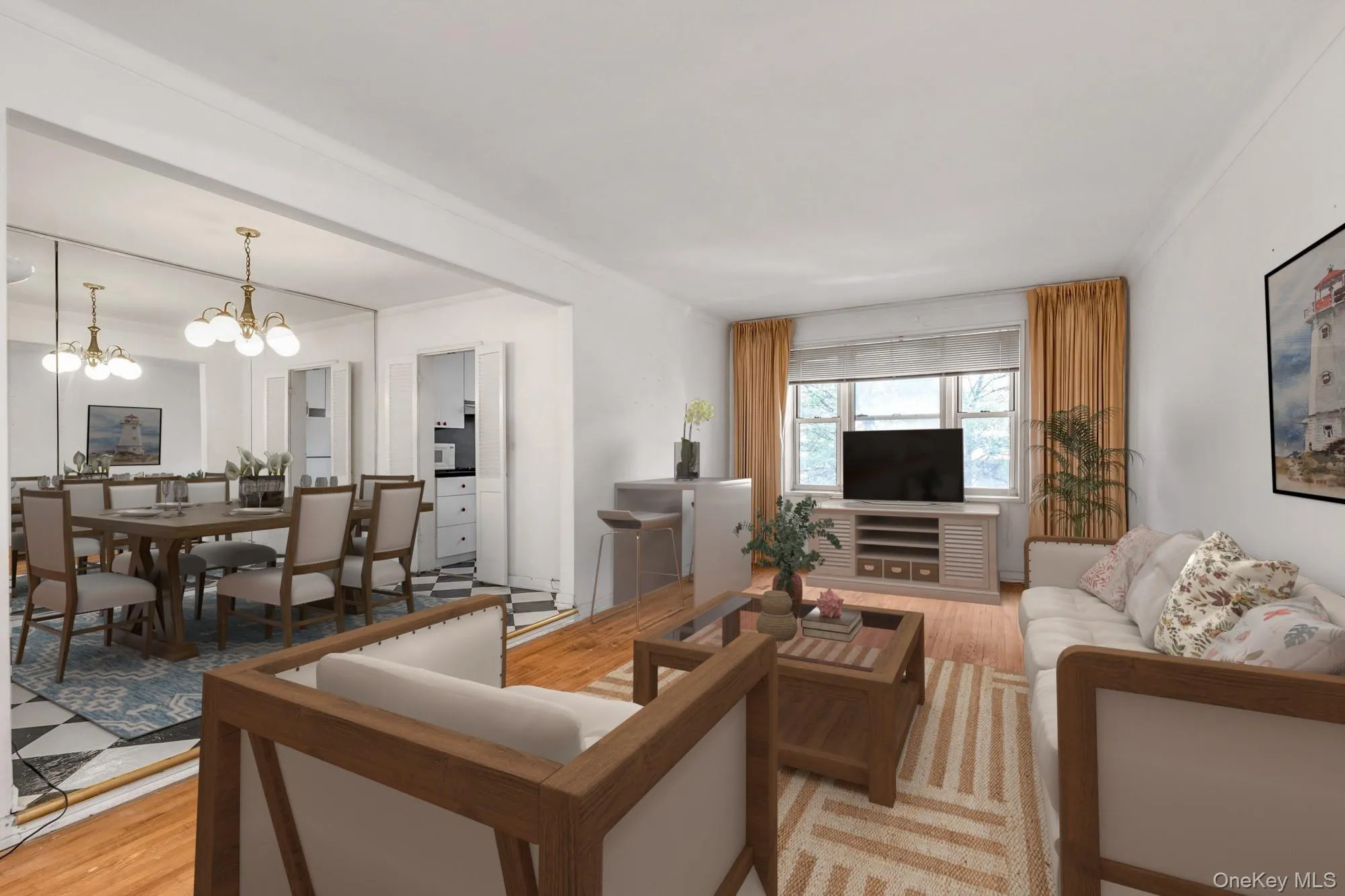 Living area featuring light wood-style flooring, a chandelier, and crown molding Living area featuring light wood-style flooring, a chandelier, and crown molding