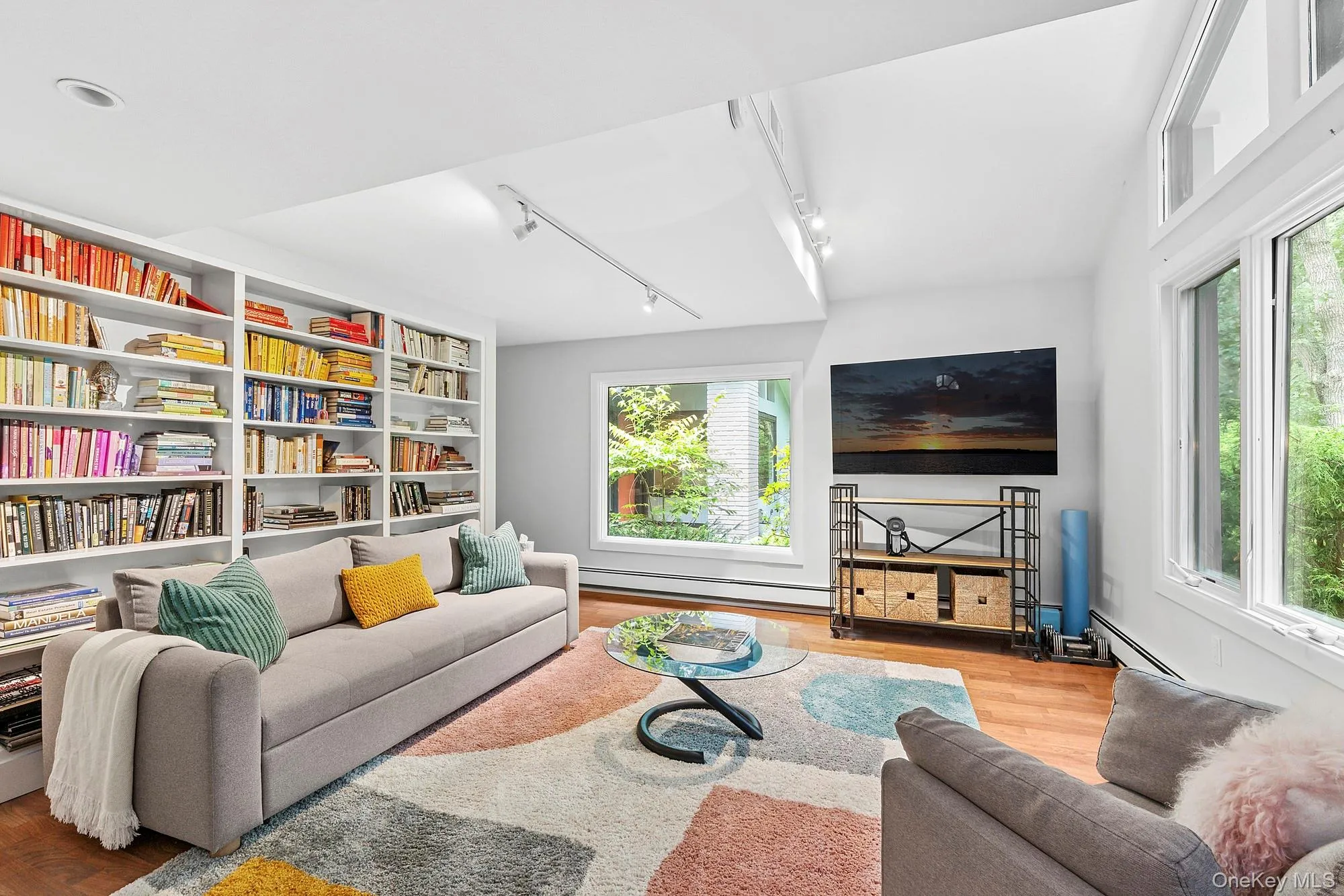 Living room with track lighting, healthy amount of natural light, and wood finished floors Living room with track lighting, healthy amount of natural light, and wood finished floors