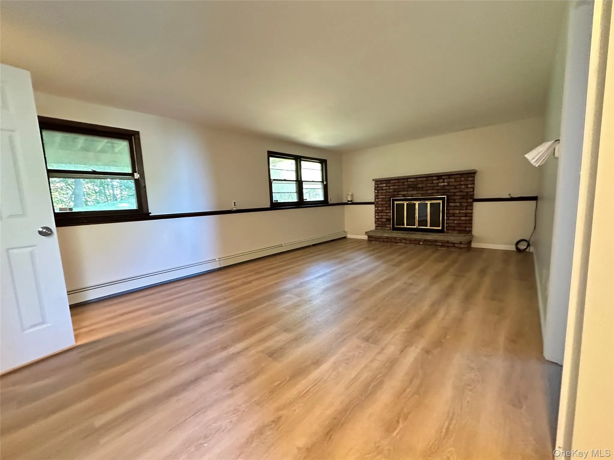 Unfurnished living room featuring a baseboard radiator, a fireplace, and light wood-type flooring Unfurnished living room featuring a baseboard radiator, a fireplace, and light wood-type flooring