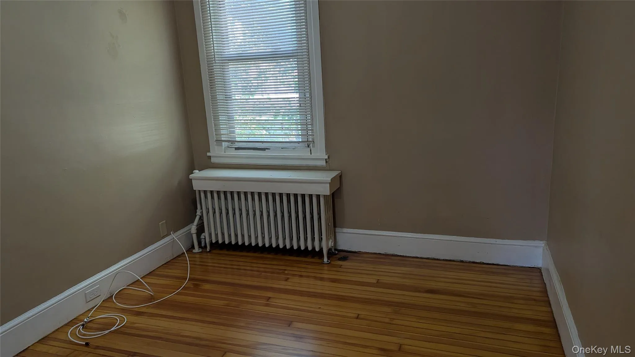 Empty room featuring light wood-style flooring and radiator heating unit Empty room featuring light wood-style flooring and radiator heating unit