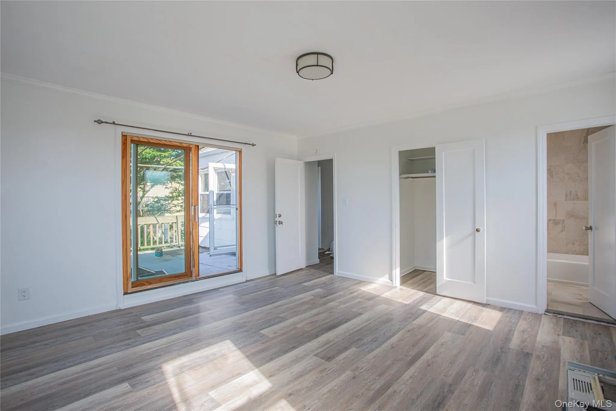 Unfurnished bedroom featuring a closet, light wood-type flooring, ornamental molding, access to outside, and connected bathroom Unfurnished bedroom featuring a closet, light wood-type flooring, ornamental molding, access to outside, and connected bathroom