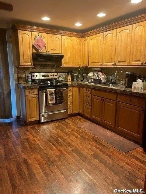 Kitchen featuring stainless steel electric range oven, dark wood-style floors, recessed lighting, brown cabinetry, and extractor fan Kitchen featuring stainless steel electric range oven, dark wood-style floors, recessed lighting, brown cabinetry, and extractor fan