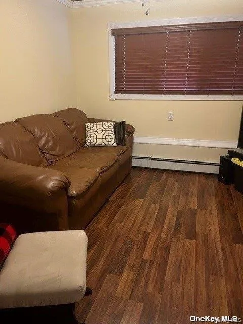 Living area with dark wood-style flooring and a baseboard radiator Living area with dark wood-style flooring and a baseboard radiator